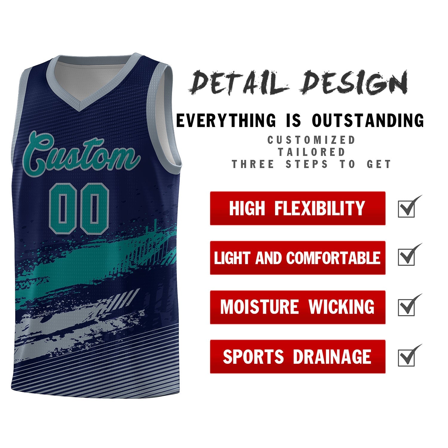 Custom Navy Aqua and Gray Graffiti Pattern Sports Uniform Basketball Jersey