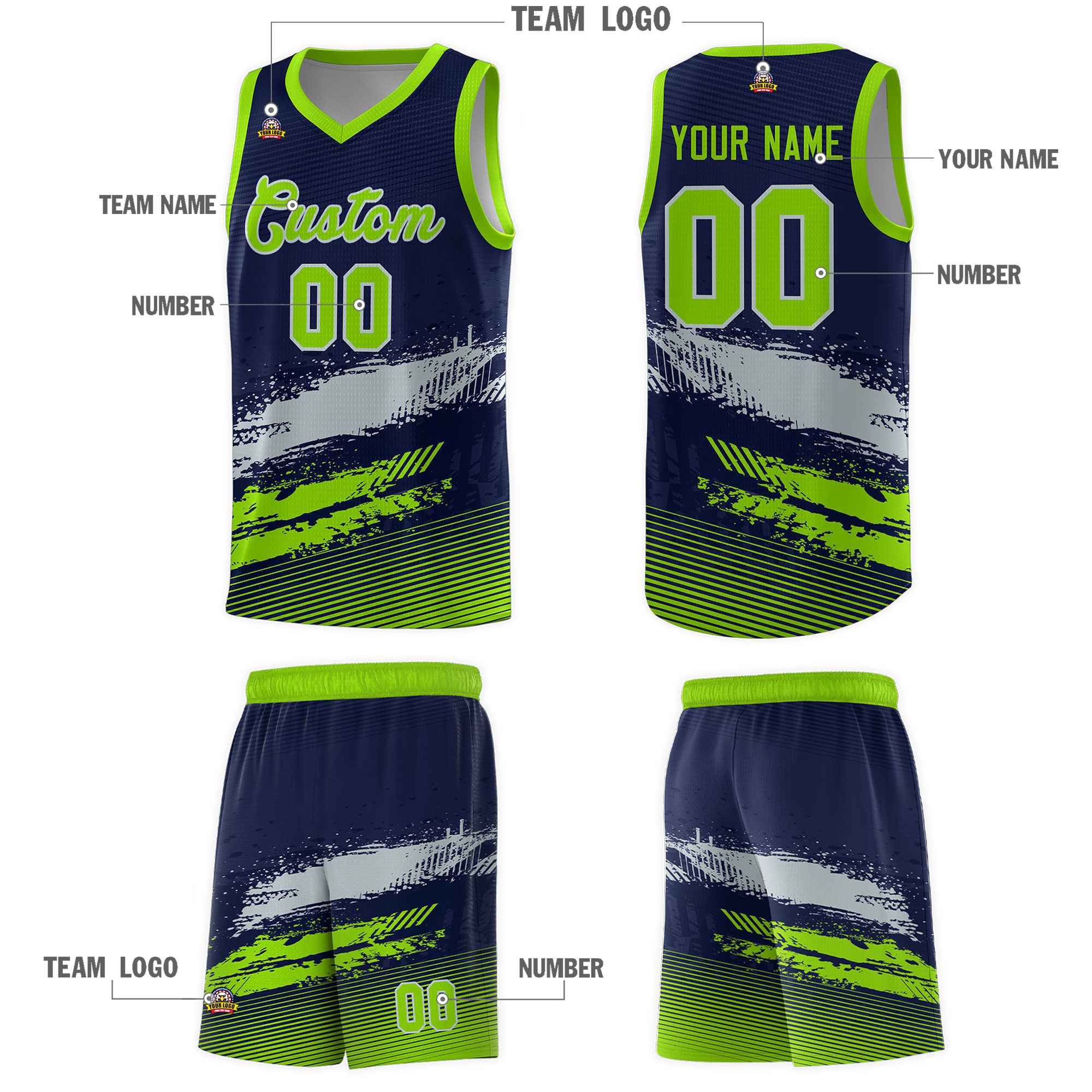 Custom Navy Gray and Neon Green Graffiti Pattern Sports Uniform Basketball Jersey