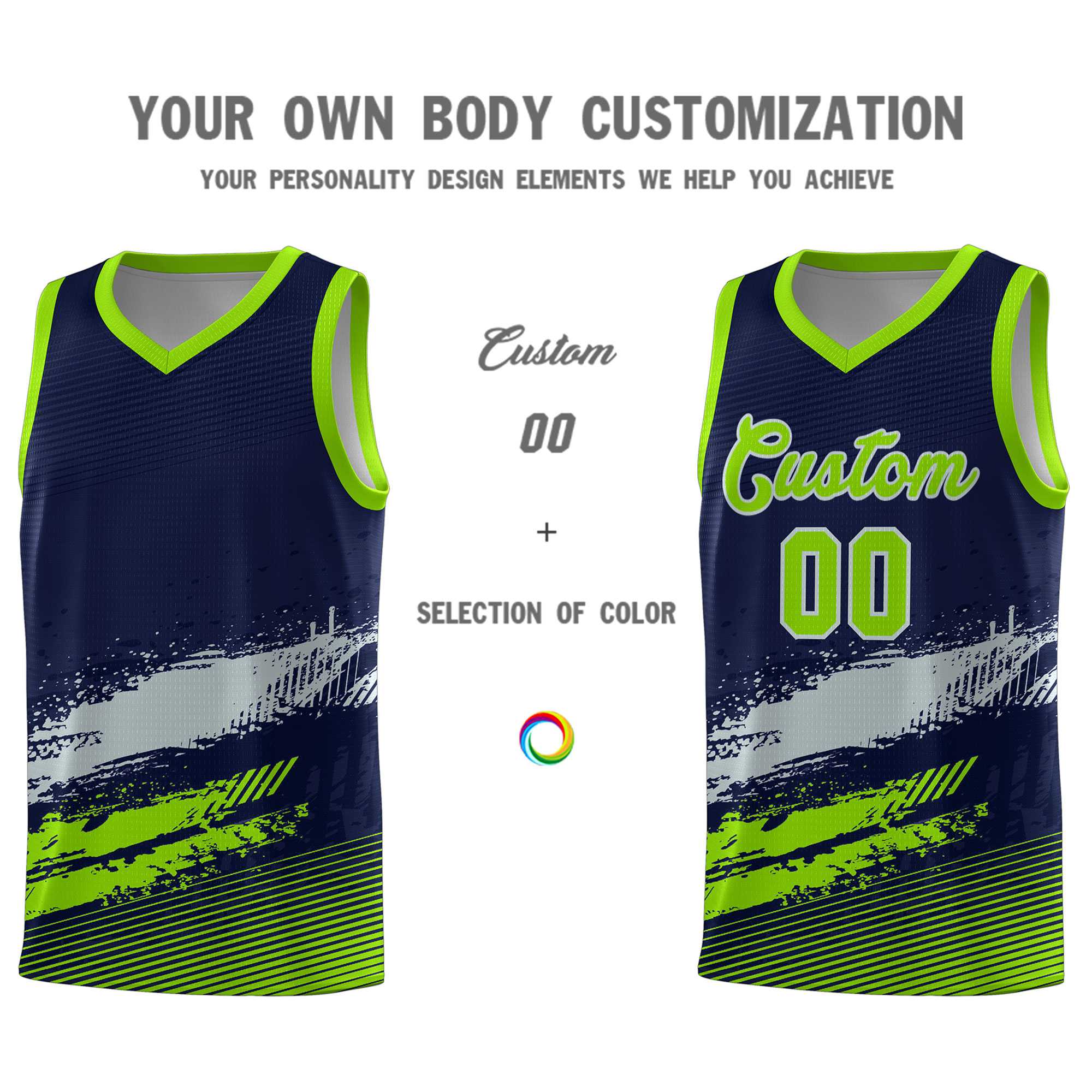 Custom Navy Gray and Neon Green Graffiti Pattern Sports Uniform Basketball Jersey