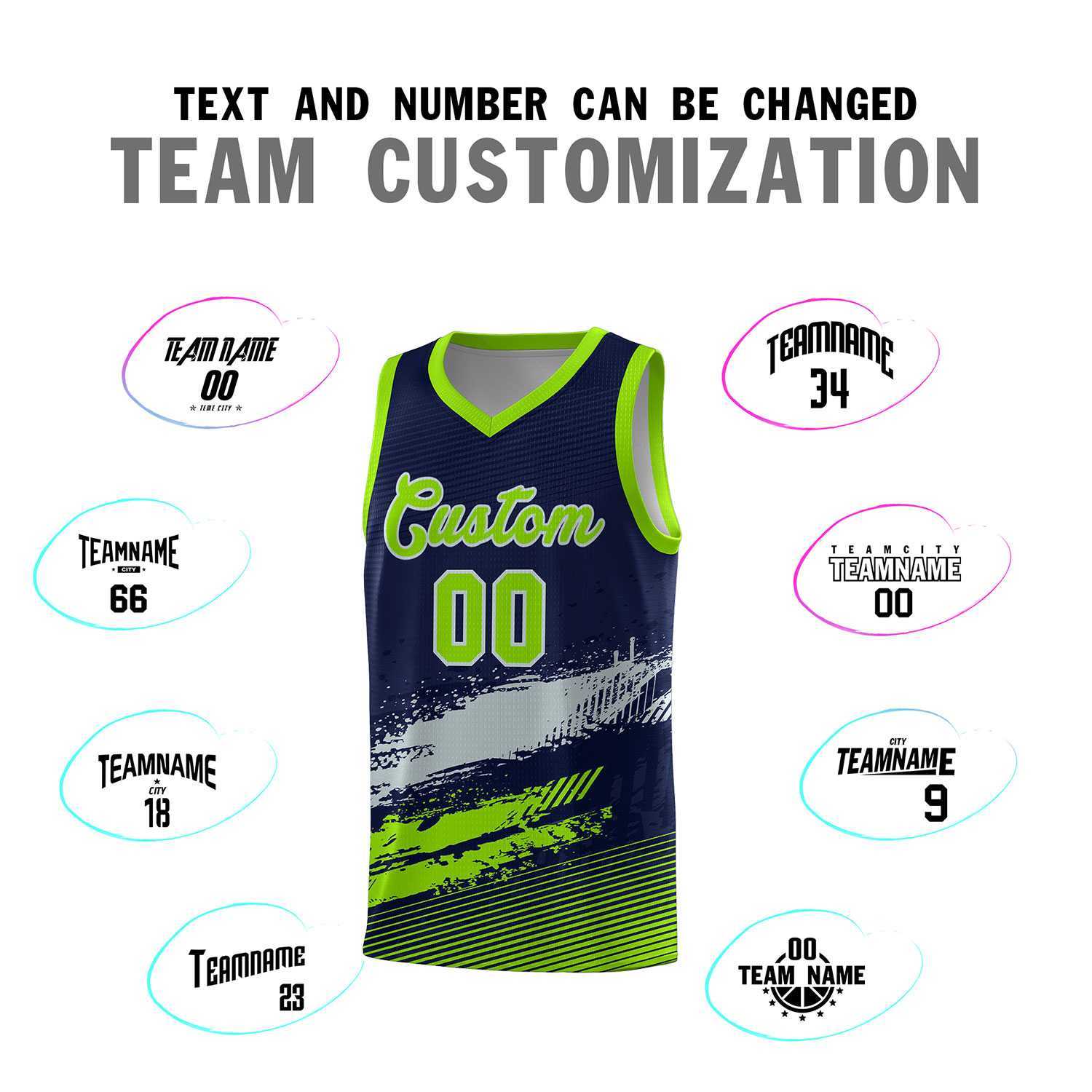 Custom Navy Gray and Neon Green Graffiti Pattern Sports Uniform Basketball Jersey