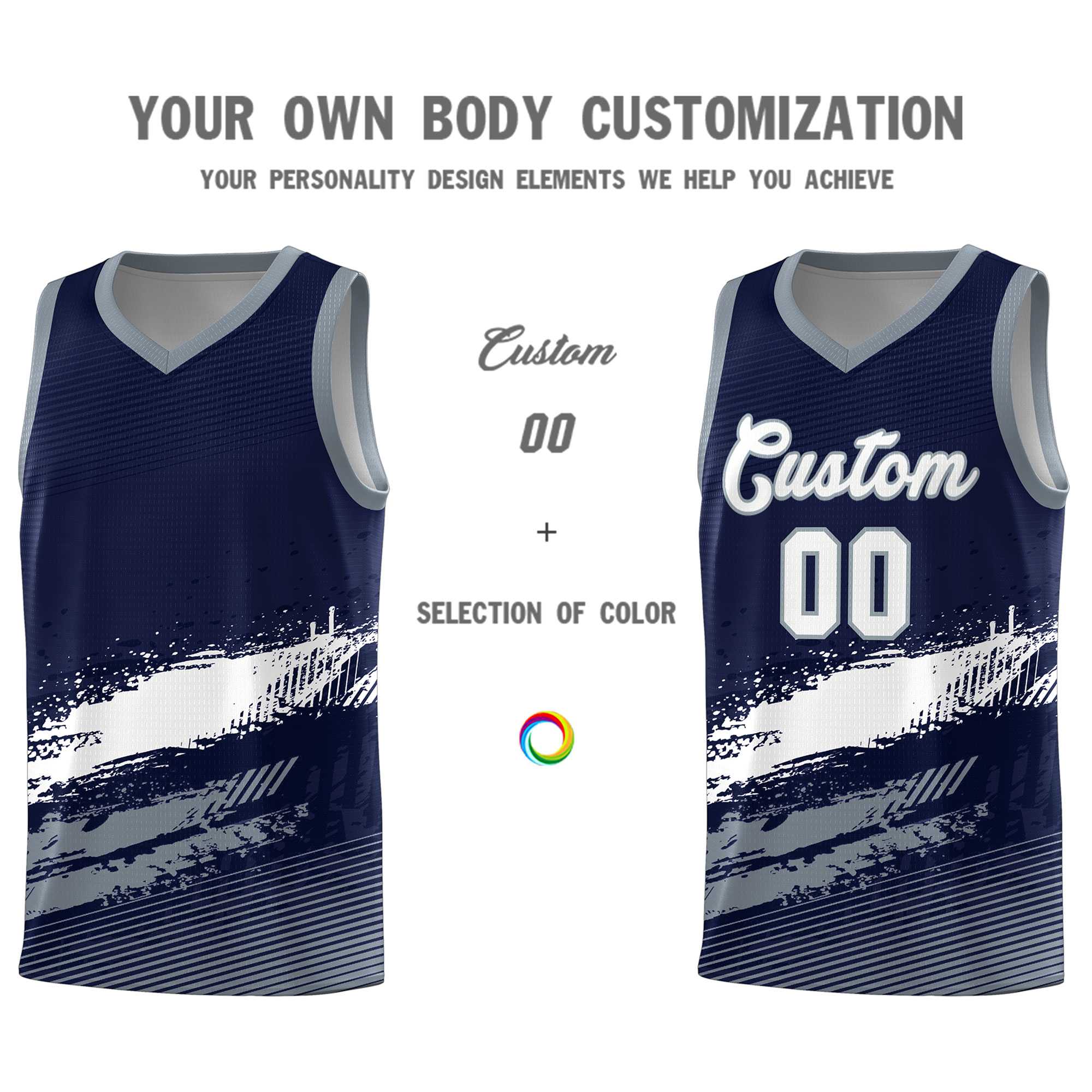 Custom Navy White and Gray Graffiti Pattern Sports Uniform Basketball Jersey