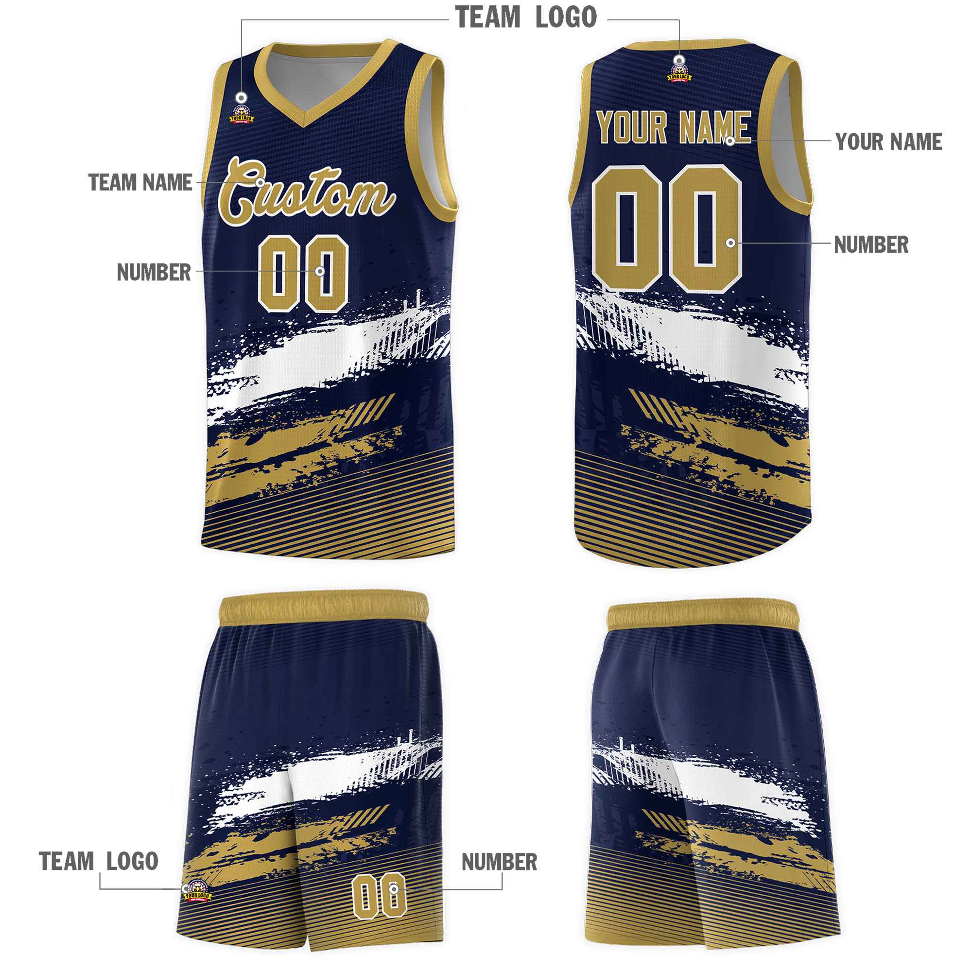 Custom Navy White and Old Gold Graffiti Pattern Sports Uniform Basketball Jersey