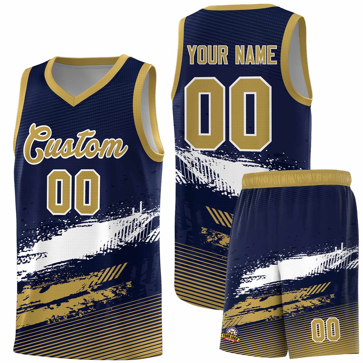 Custom Navy White and Old Gold Graffiti Pattern Sports Uniform Basketball Jersey