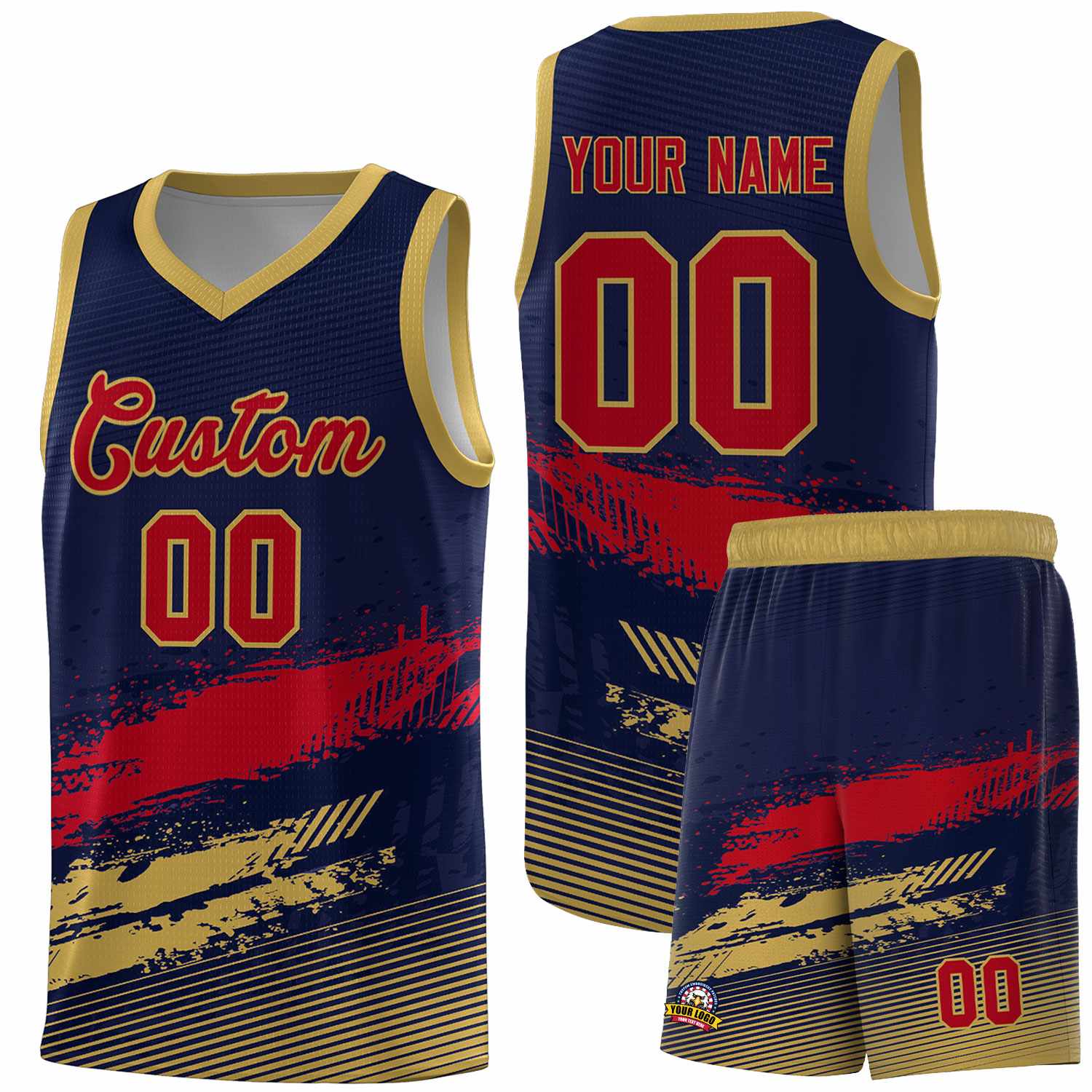 Custom Navy Red and Old Gold Graffiti Pattern Sports Uniform Basketball Jersey