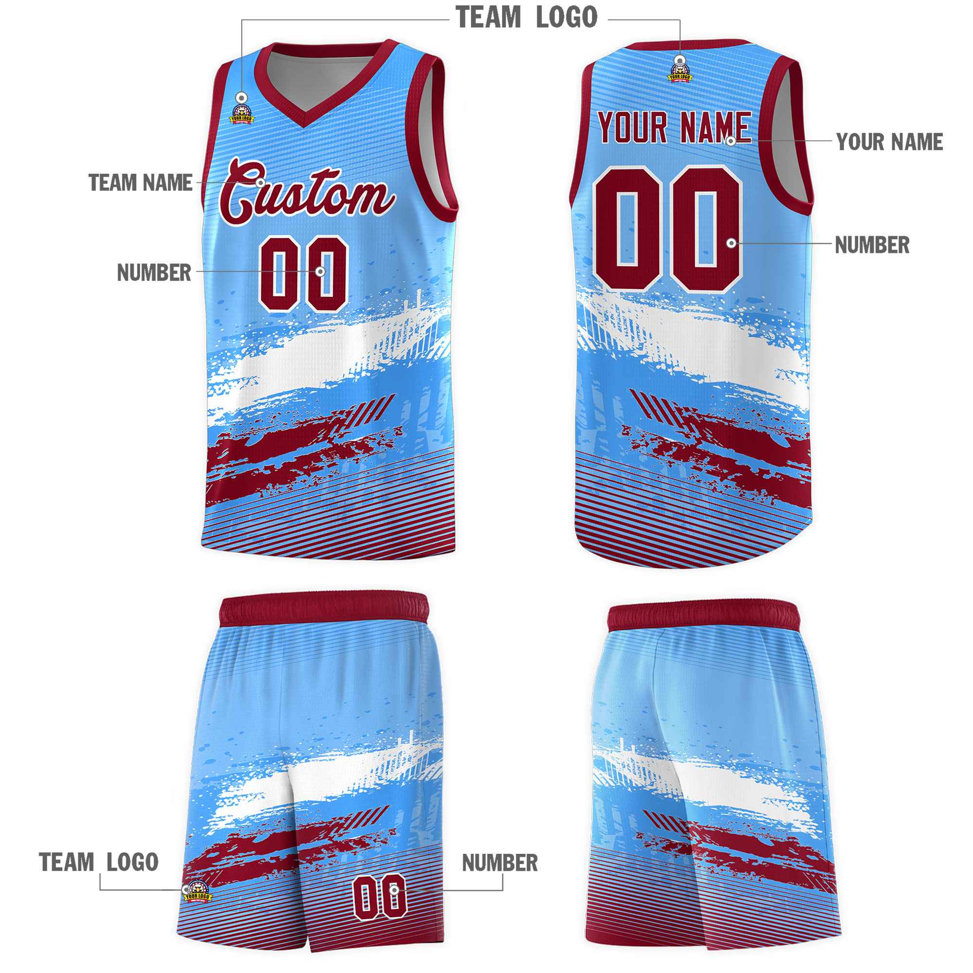 Custom Powder Blue White and Crimson Graffiti Pattern Sports Uniform Basketball Jersey