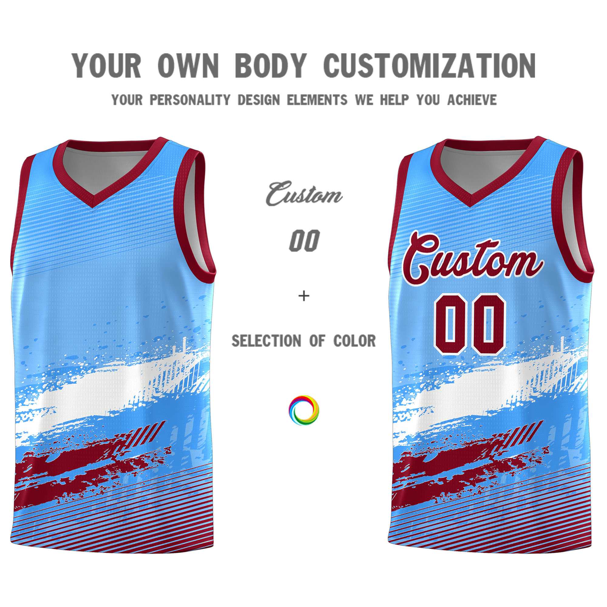 Custom Powder Blue White and Crimson Graffiti Pattern Sports Uniform Basketball Jersey