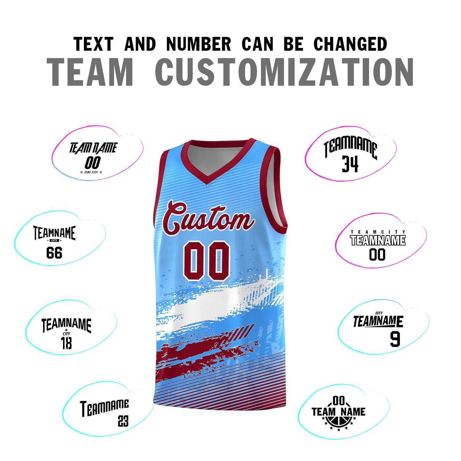 Custom Powder Blue White and Crimson Graffiti Pattern Sports Uniform Basketball Jersey