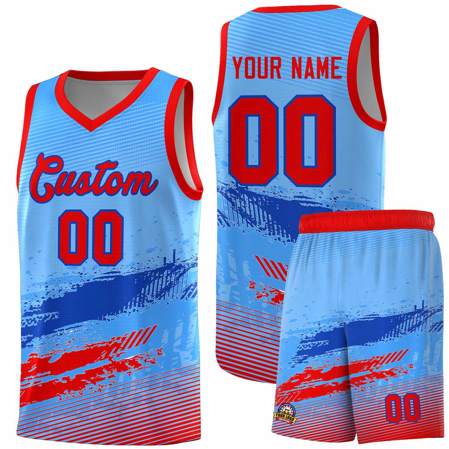 Custom Powder Blue Royal and Red Graffiti Pattern Sports Uniform Basketball Jersey