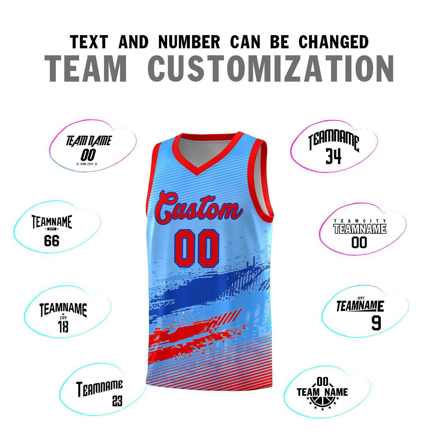 Custom Powder Blue Royal and Red Graffiti Pattern Sports Uniform Basketball Jersey