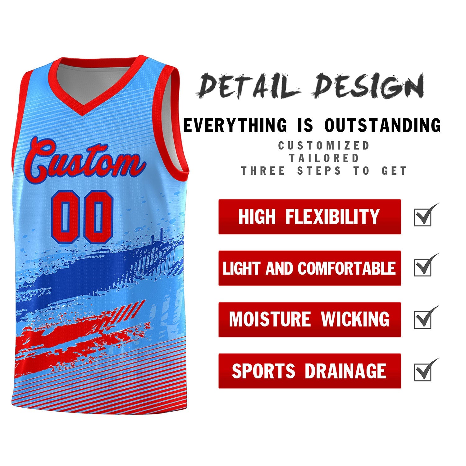 Custom Powder Blue Royal and Red Graffiti Pattern Sports Uniform Basketball Jersey