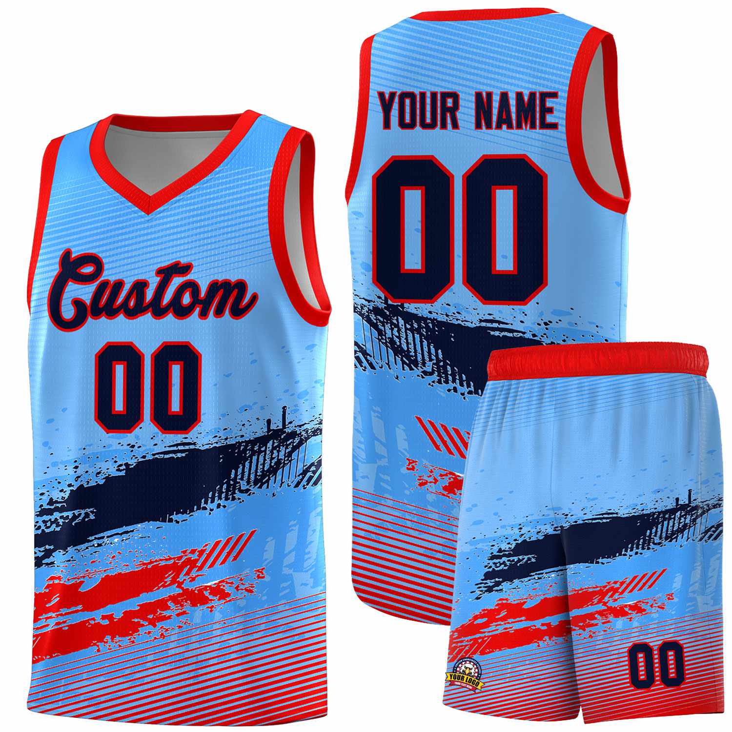 Custom Powder Blue Navy and Red Graffiti Pattern Sports Uniform Basketball Jersey