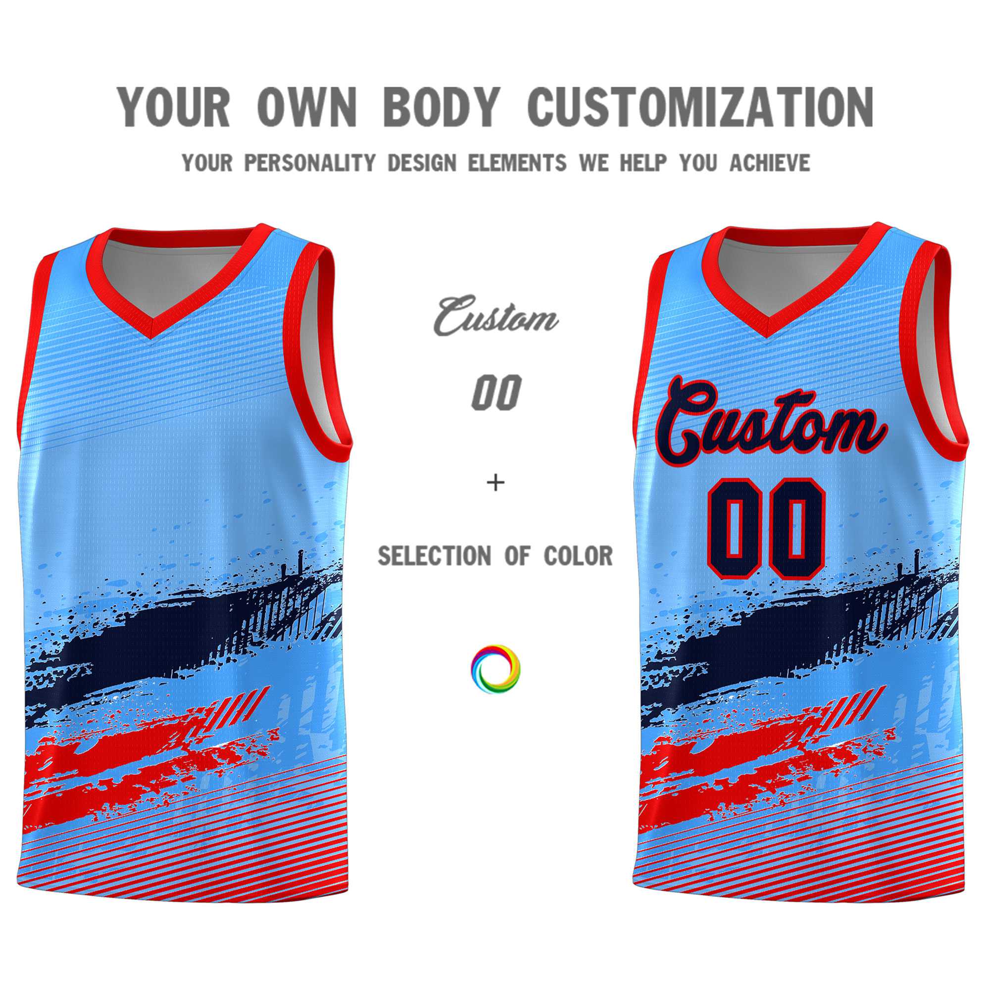 Custom Powder Blue Navy and Red Graffiti Pattern Sports Uniform Basketball Jersey