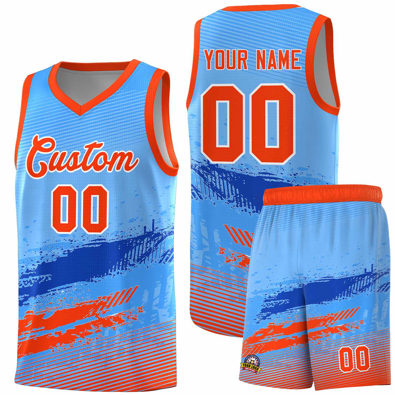 Custom Powder Blue Royal and Orange Graffiti Pattern Sports Uniform Basketball Jersey