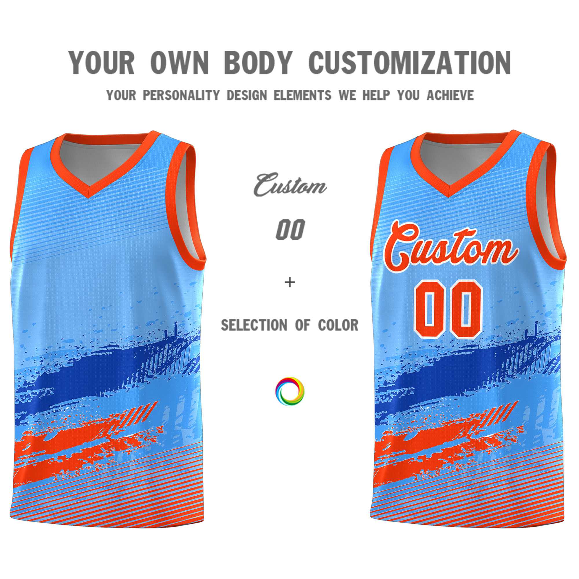 Custom Powder Blue Royal and Orange Graffiti Pattern Sports Uniform Basketball Jersey