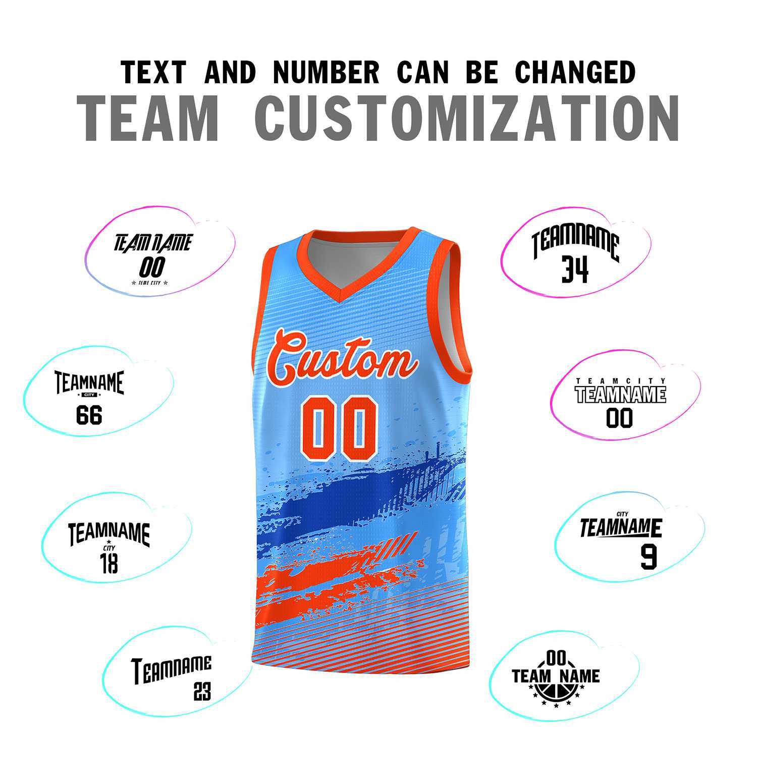 Custom Powder Blue Royal and Orange Graffiti Pattern Sports Uniform Basketball Jersey