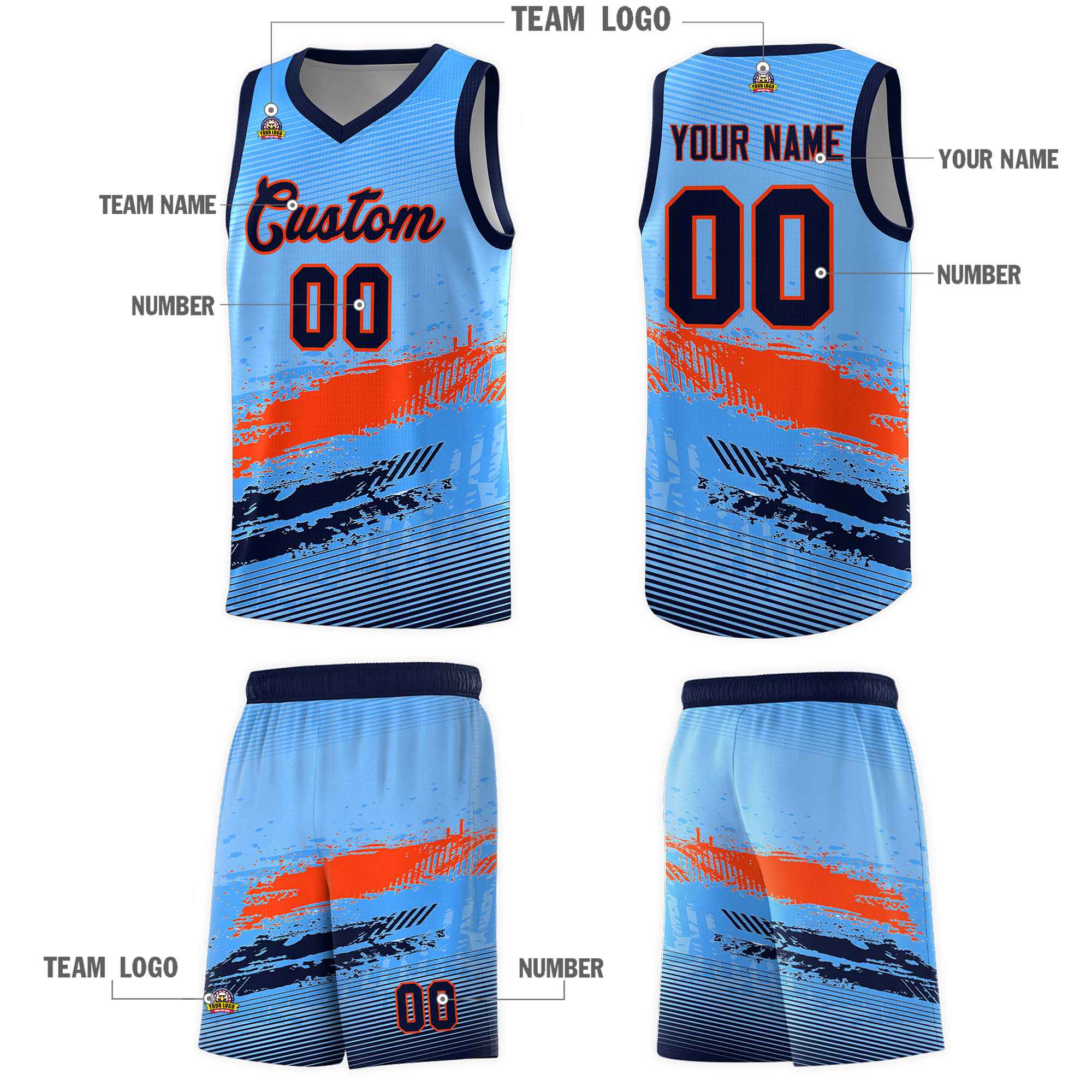 Custom Powder Blue Orange and Navy Graffiti Pattern Sports Uniform Basketball Jersey