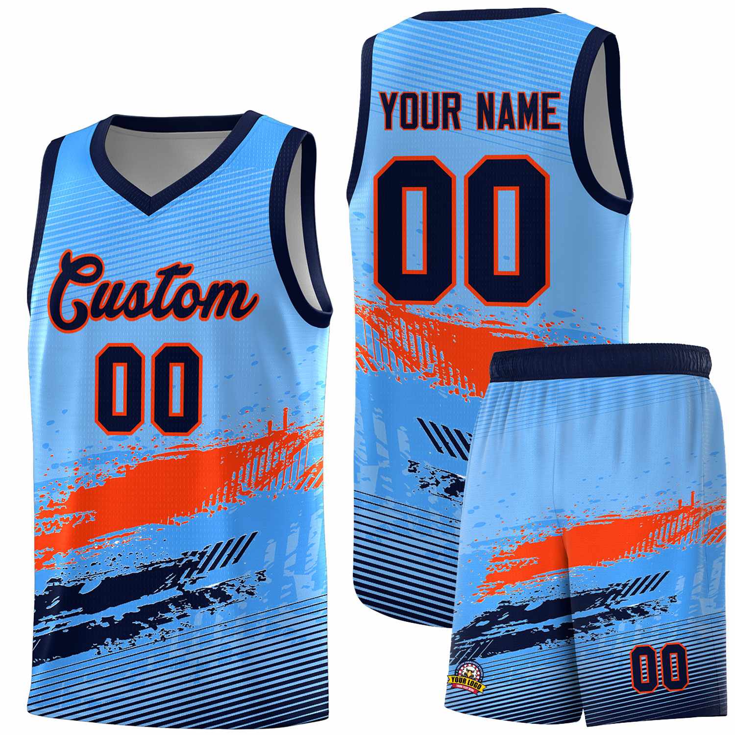 Custom Powder Blue Orange and Navy Graffiti Pattern Sports Uniform Basketball Jersey