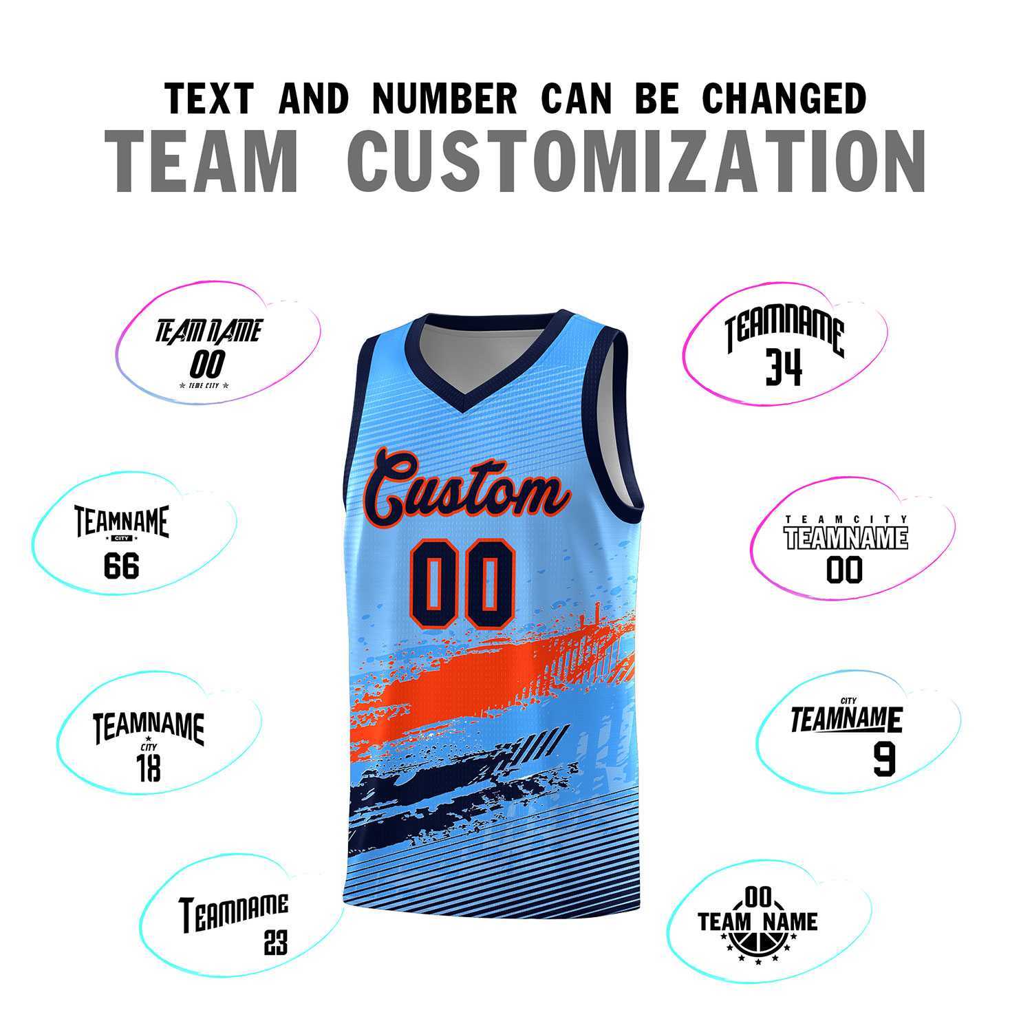 Custom Powder Blue Orange and Navy Graffiti Pattern Sports Uniform Basketball Jersey