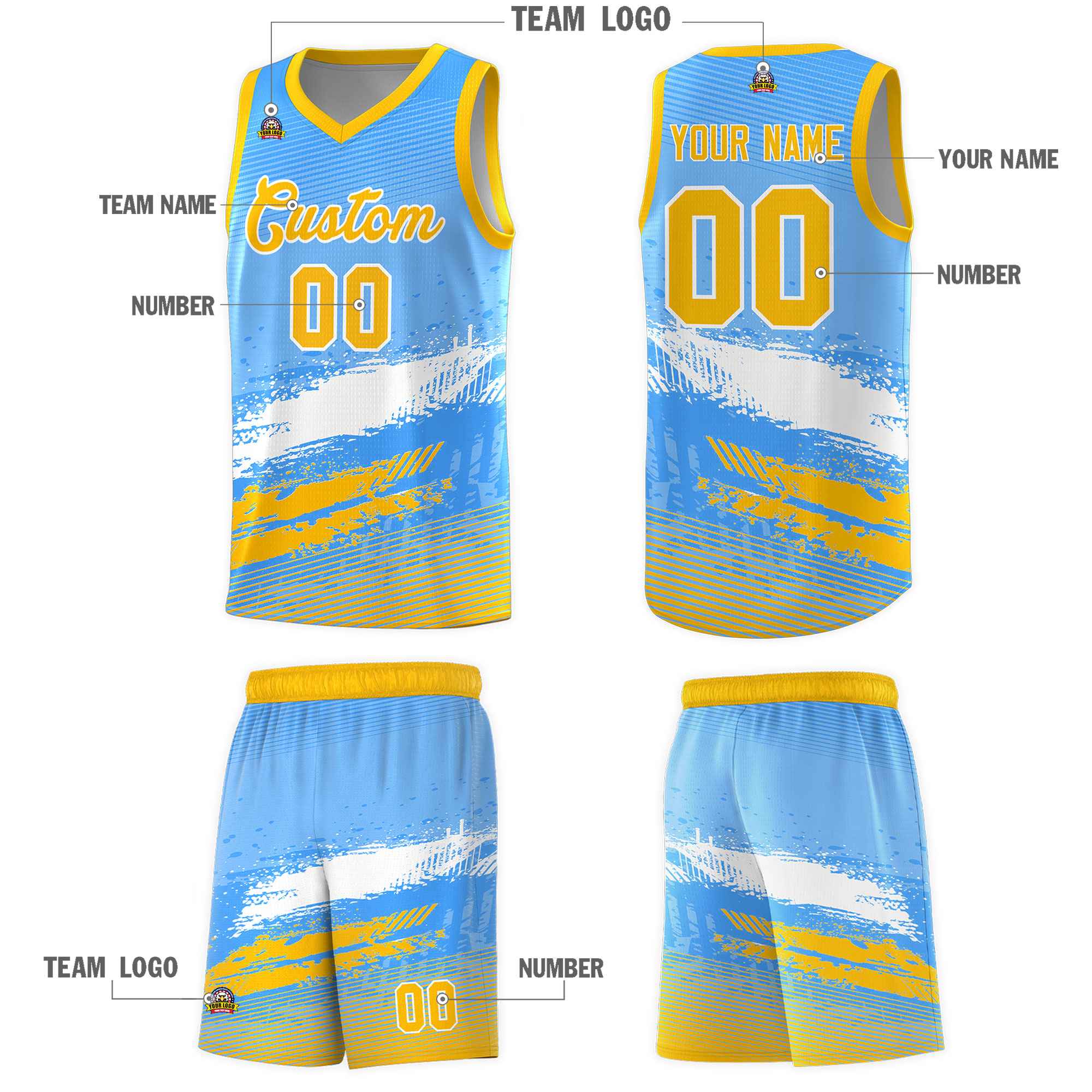 Custom Powder Blue White and Yellow Graffiti Pattern Sports Uniform Basketball Jersey