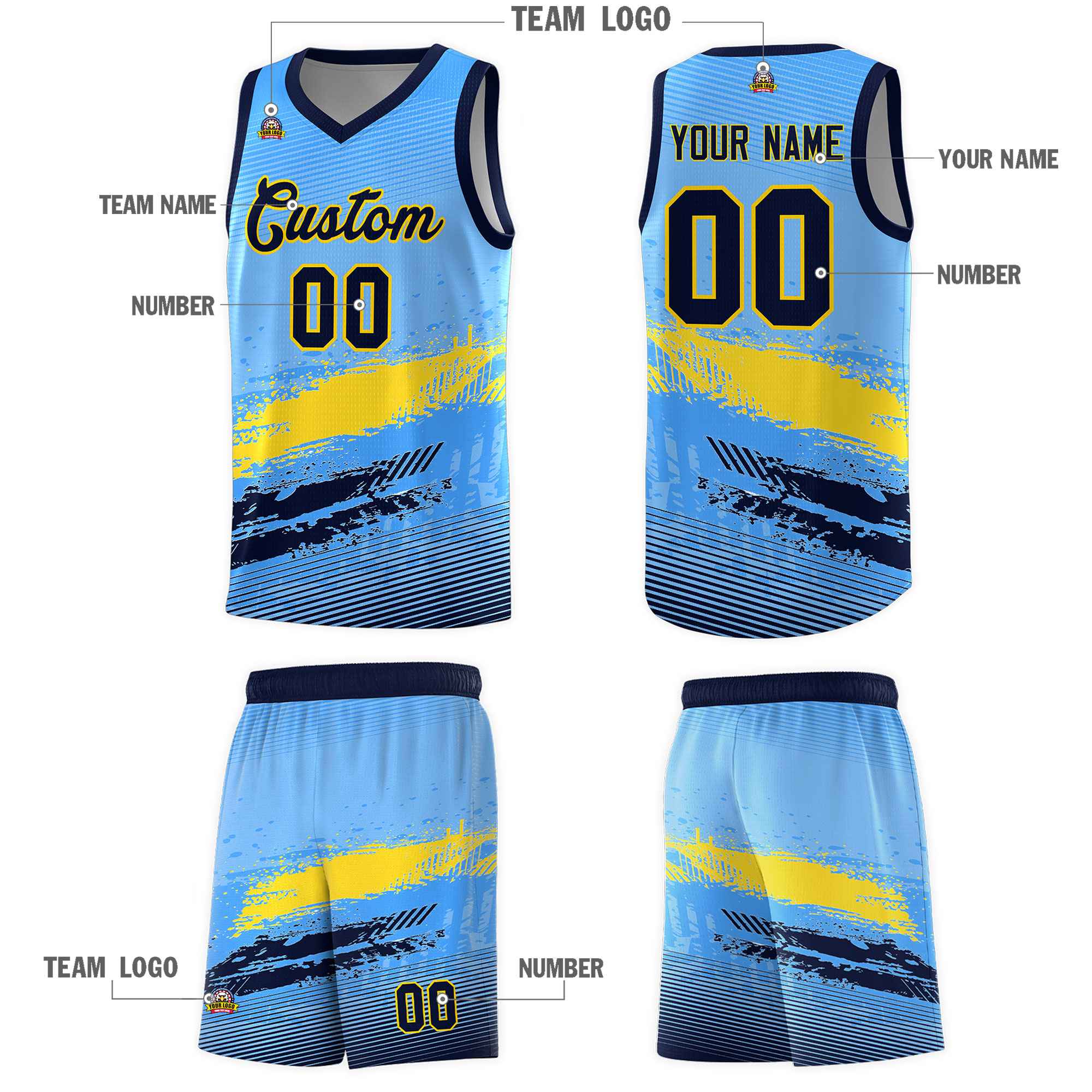 Custom Powder Blue Gold and Navy Graffiti Pattern Sports Uniform Basketball Jersey