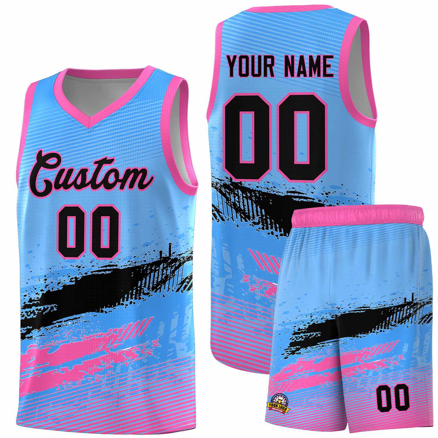 Custom Powder Blue Black and Pink Graffiti Pattern Sports Uniform Basketball Jersey