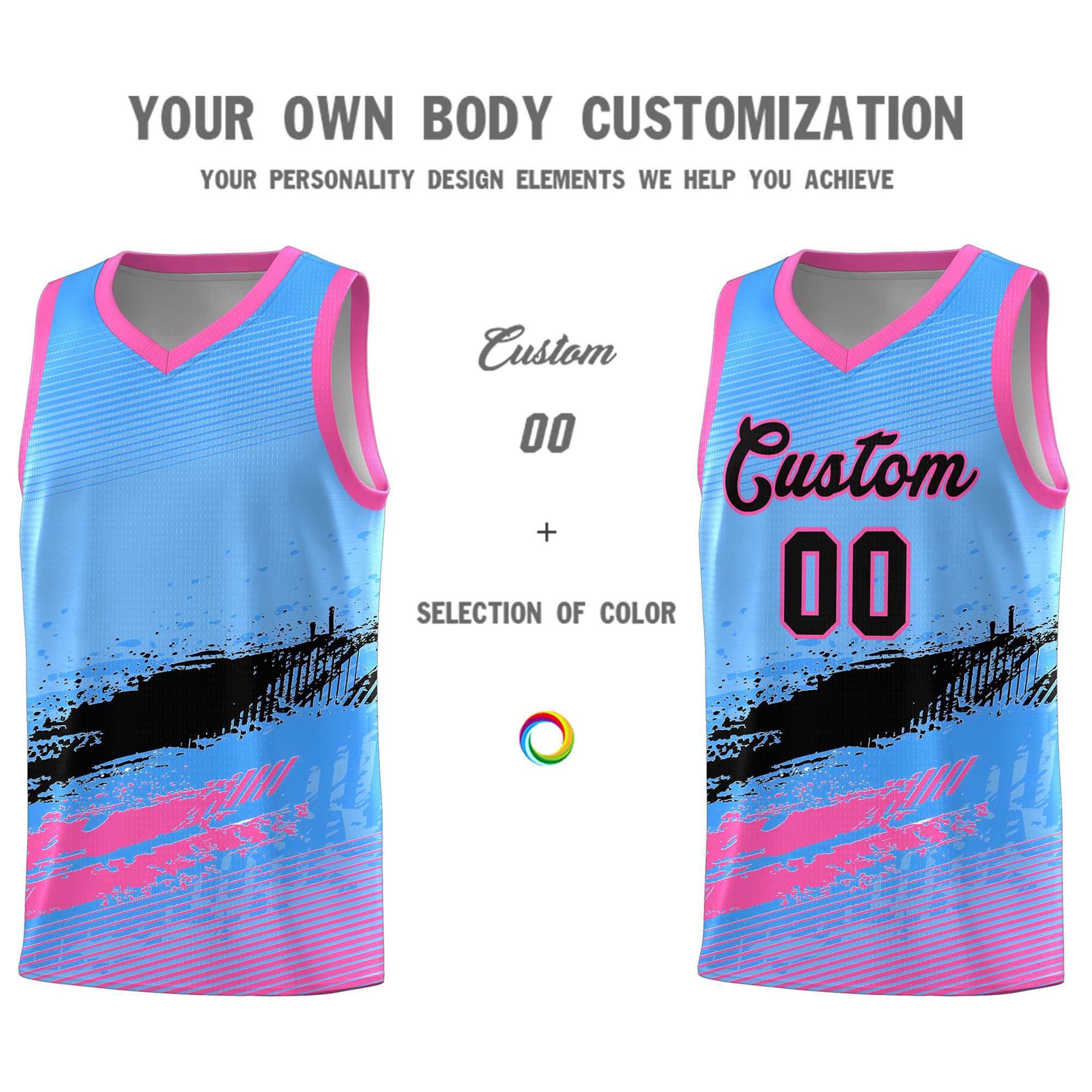 Custom Powder Blue Black and Pink Graffiti Pattern Sports Uniform Basketball Jersey