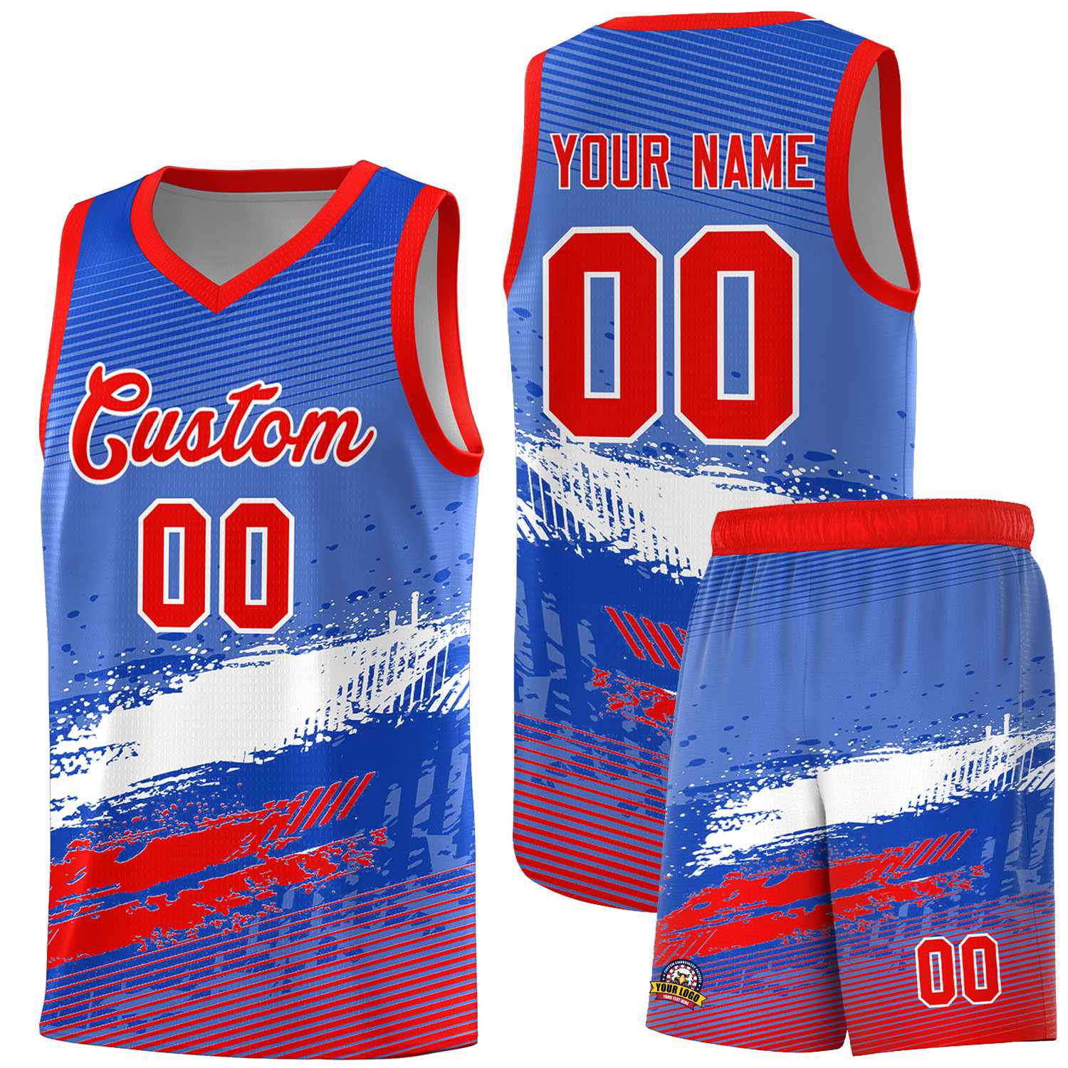 Custom Royal White and Red Graffiti Pattern Sports Uniform Basketball Jersey