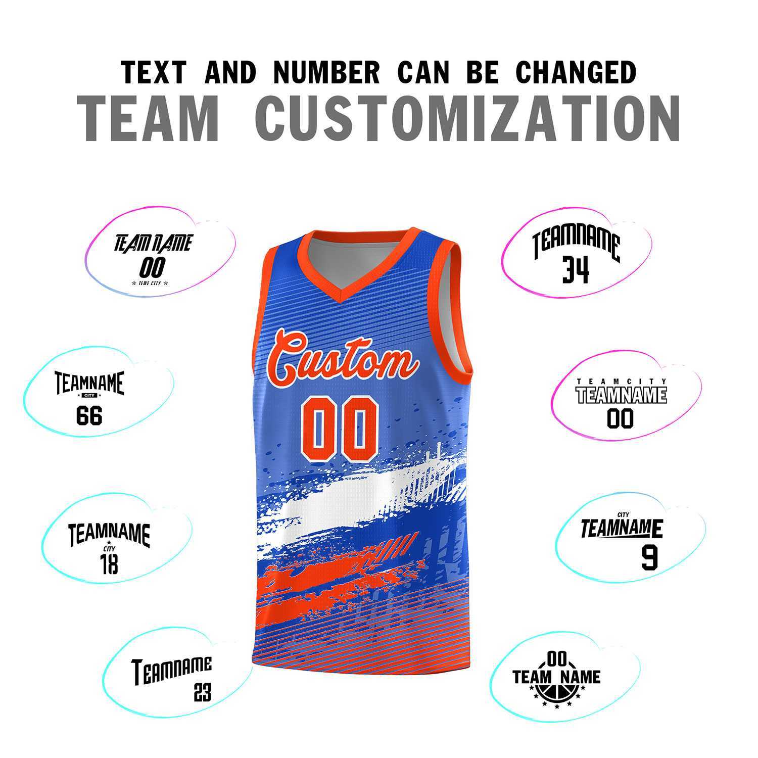 Custom Royal White and Orange Graffiti Pattern Sports Uniform Basketball Jersey