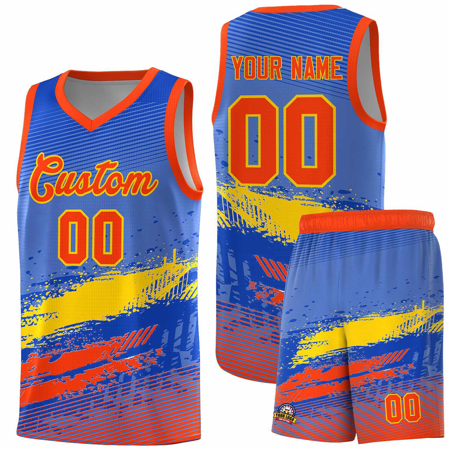 Custom Royal Gold and Orange Graffiti Pattern Sports Uniform Basketball Jersey