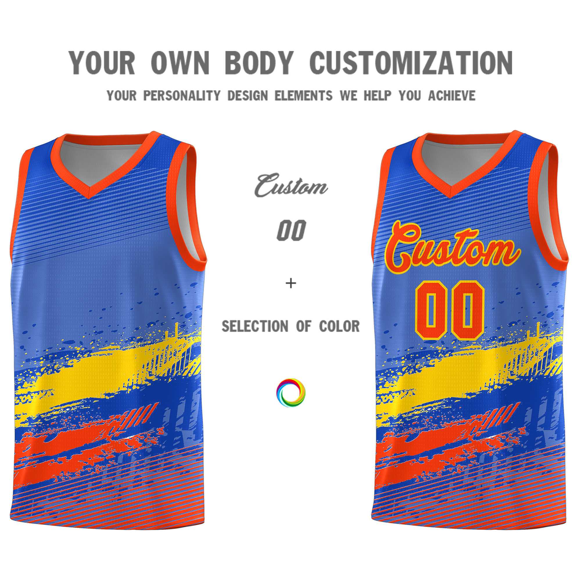 Custom Royal Gold and Orange Graffiti Pattern Sports Uniform Basketball Jersey