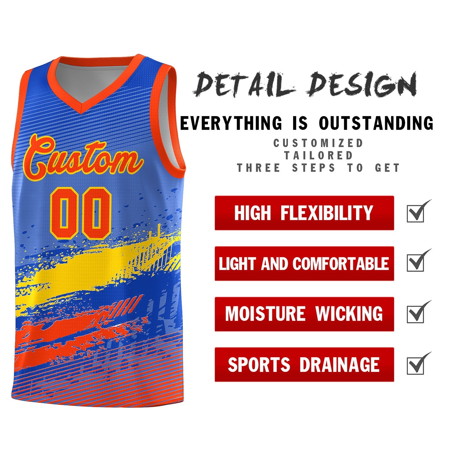 Custom Royal Gold and Orange Graffiti Pattern Sports Uniform Basketball Jersey