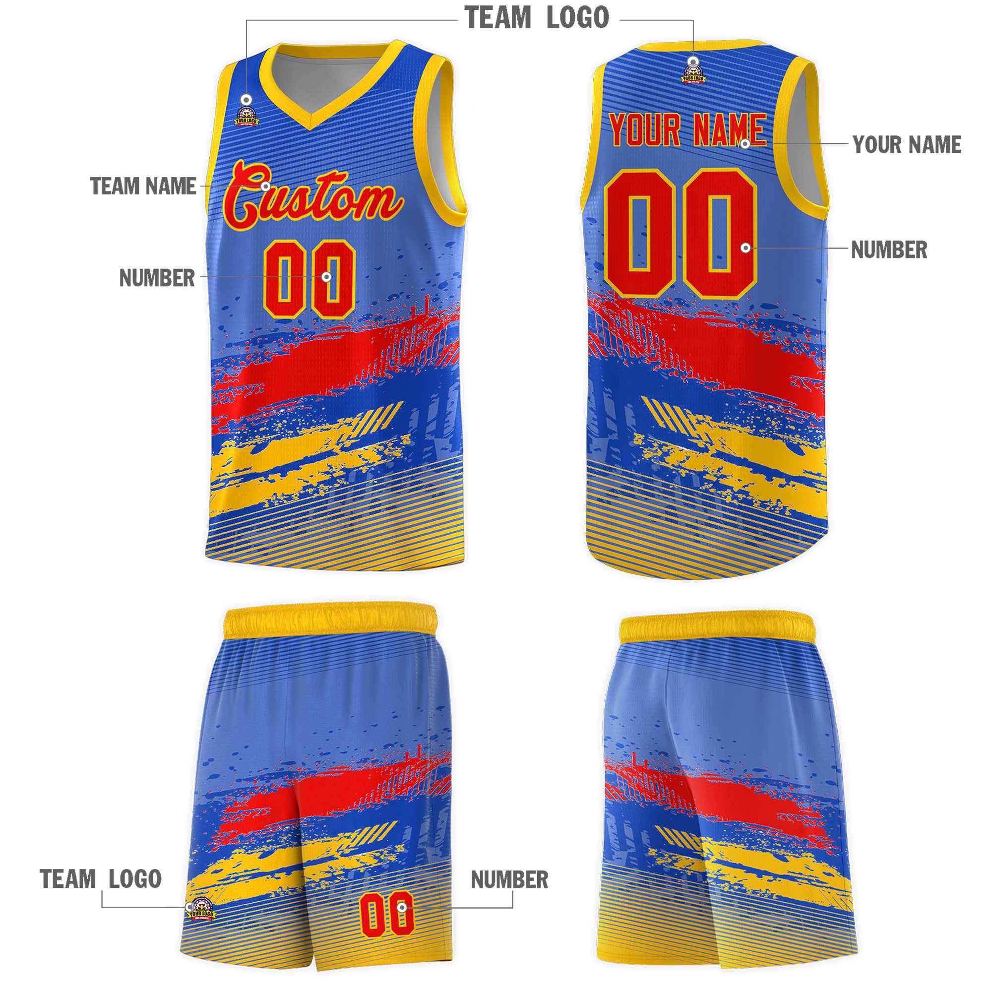 Custom Royal Red and Yellow Graffiti Pattern Sports Uniform Basketball Jersey