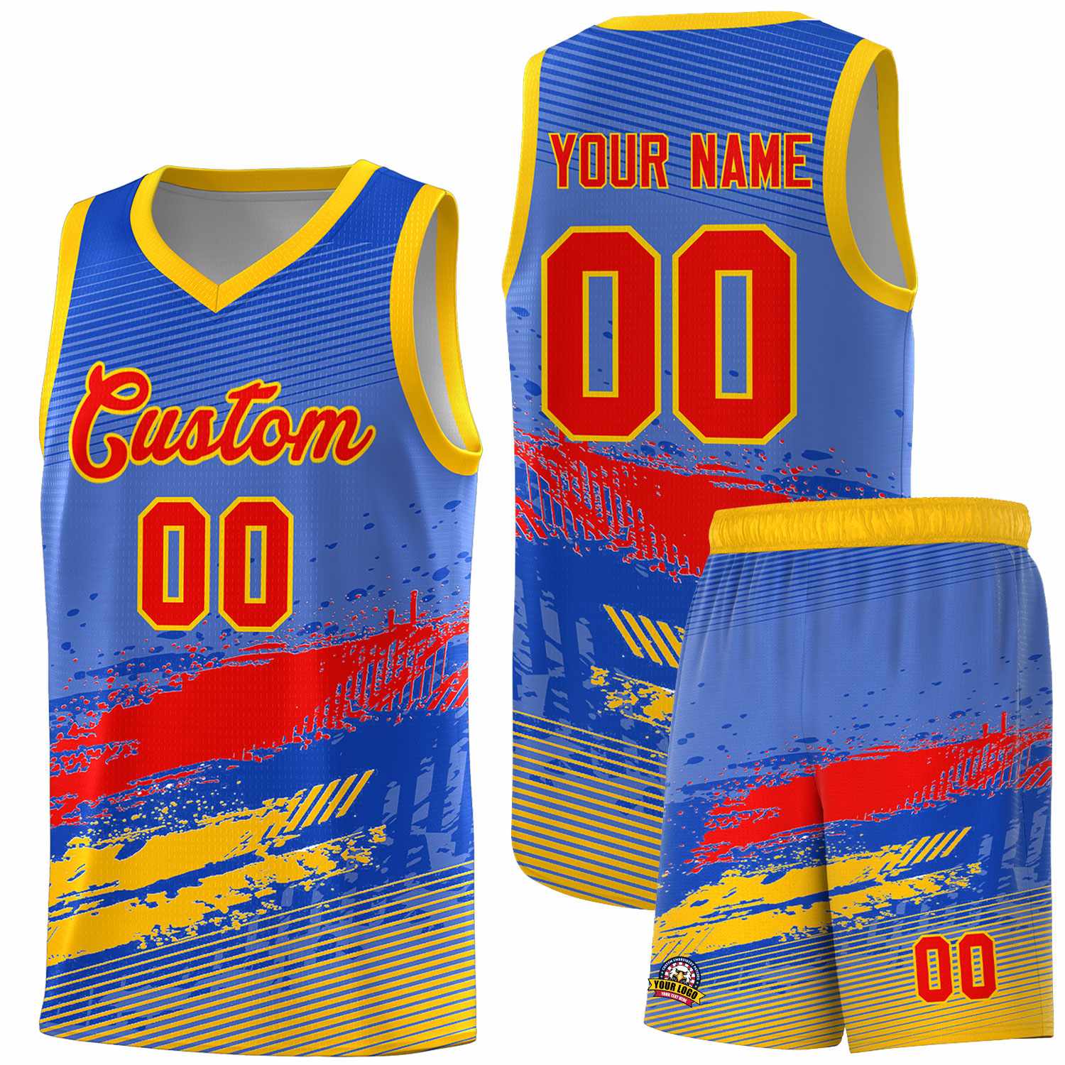 Custom Royal Red and Yellow Graffiti Pattern Sports Uniform Basketball Jersey