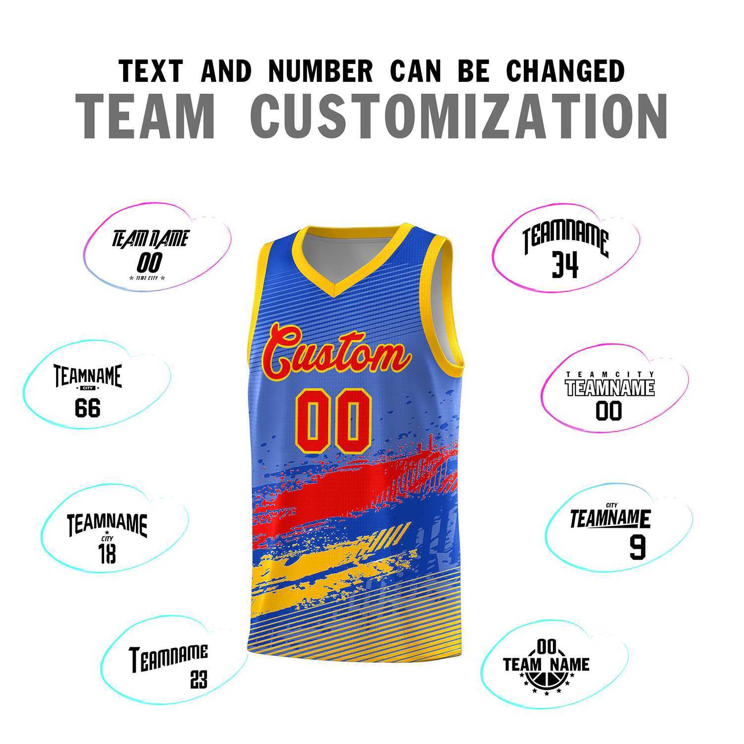 Custom Royal Red and Yellow Graffiti Pattern Sports Uniform Basketball Jersey