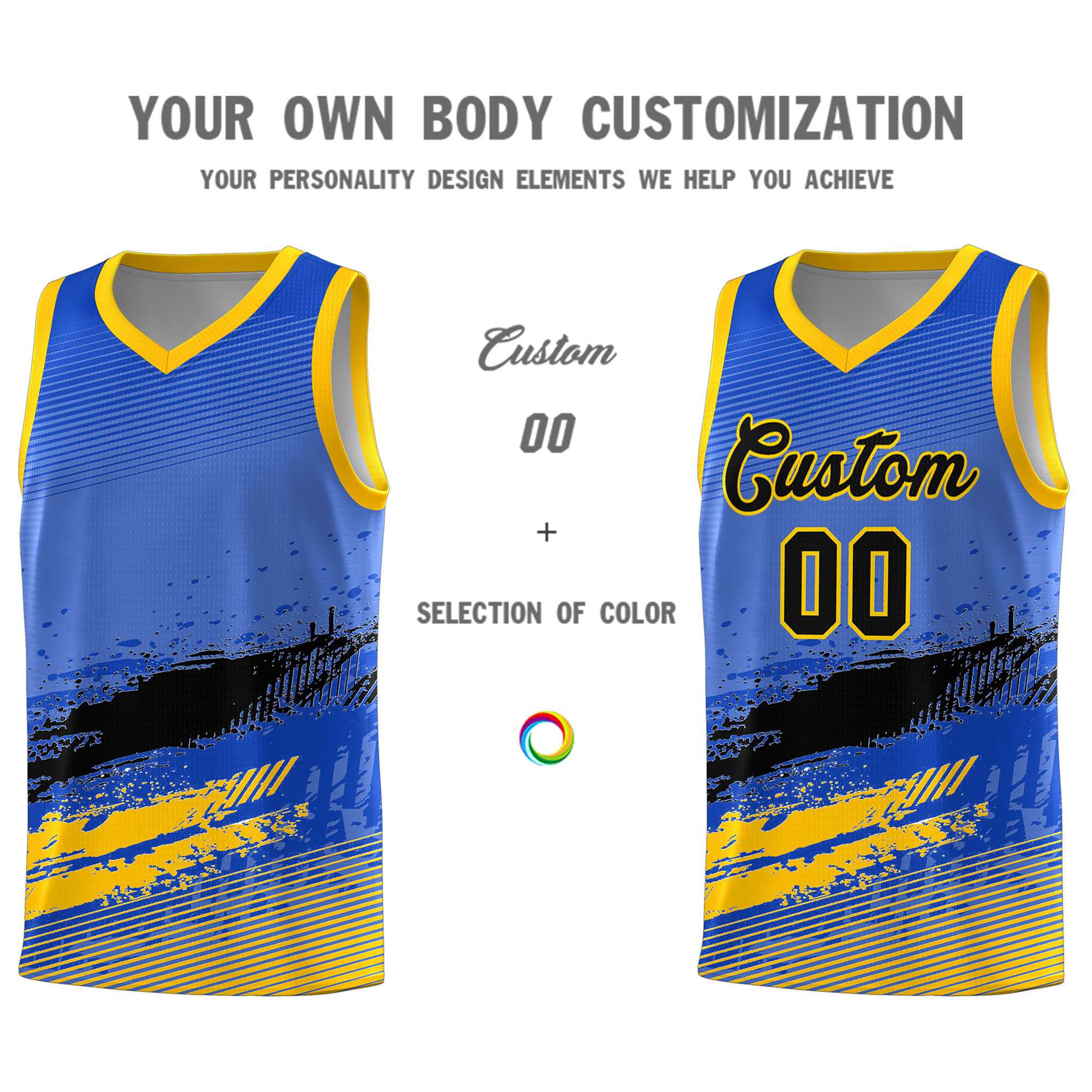 Custom Royal Black and Yellow Graffiti Pattern Sports Uniform Basketball Jersey