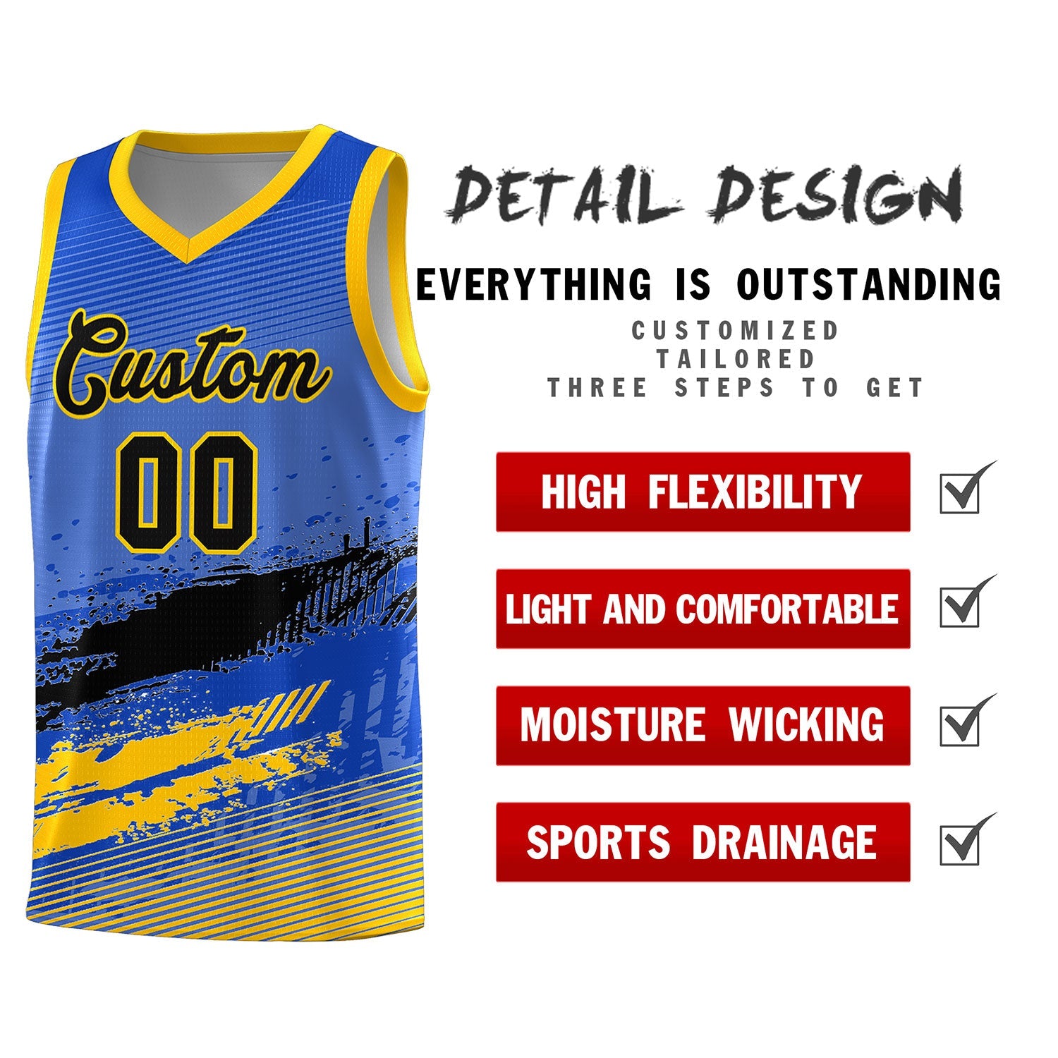 Custom Royal Black and Yellow Graffiti Pattern Sports Uniform Basketball Jersey