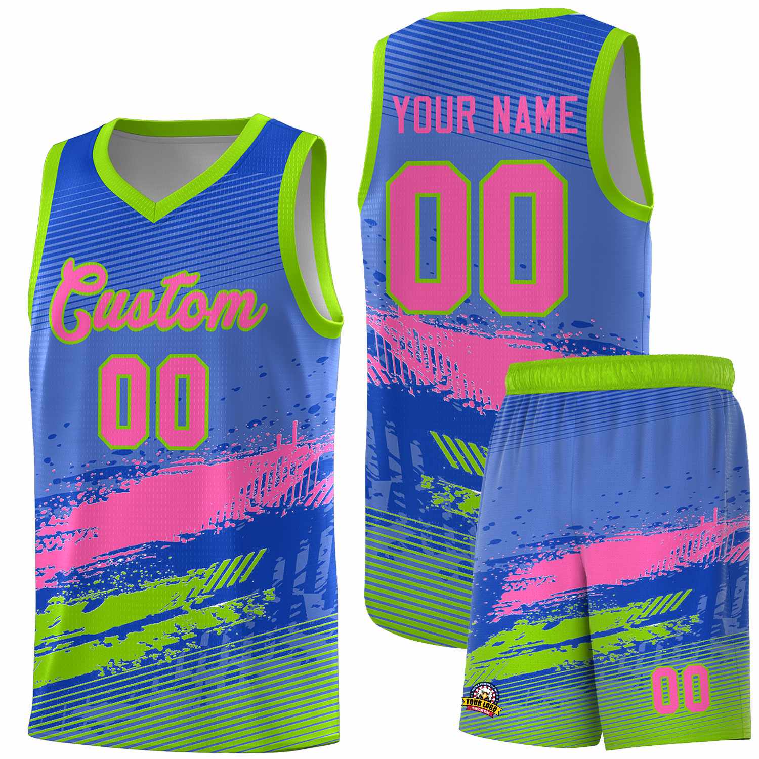 Custom Royal Pink and Neon Green Graffiti Pattern Sports Uniform Basketball Jersey