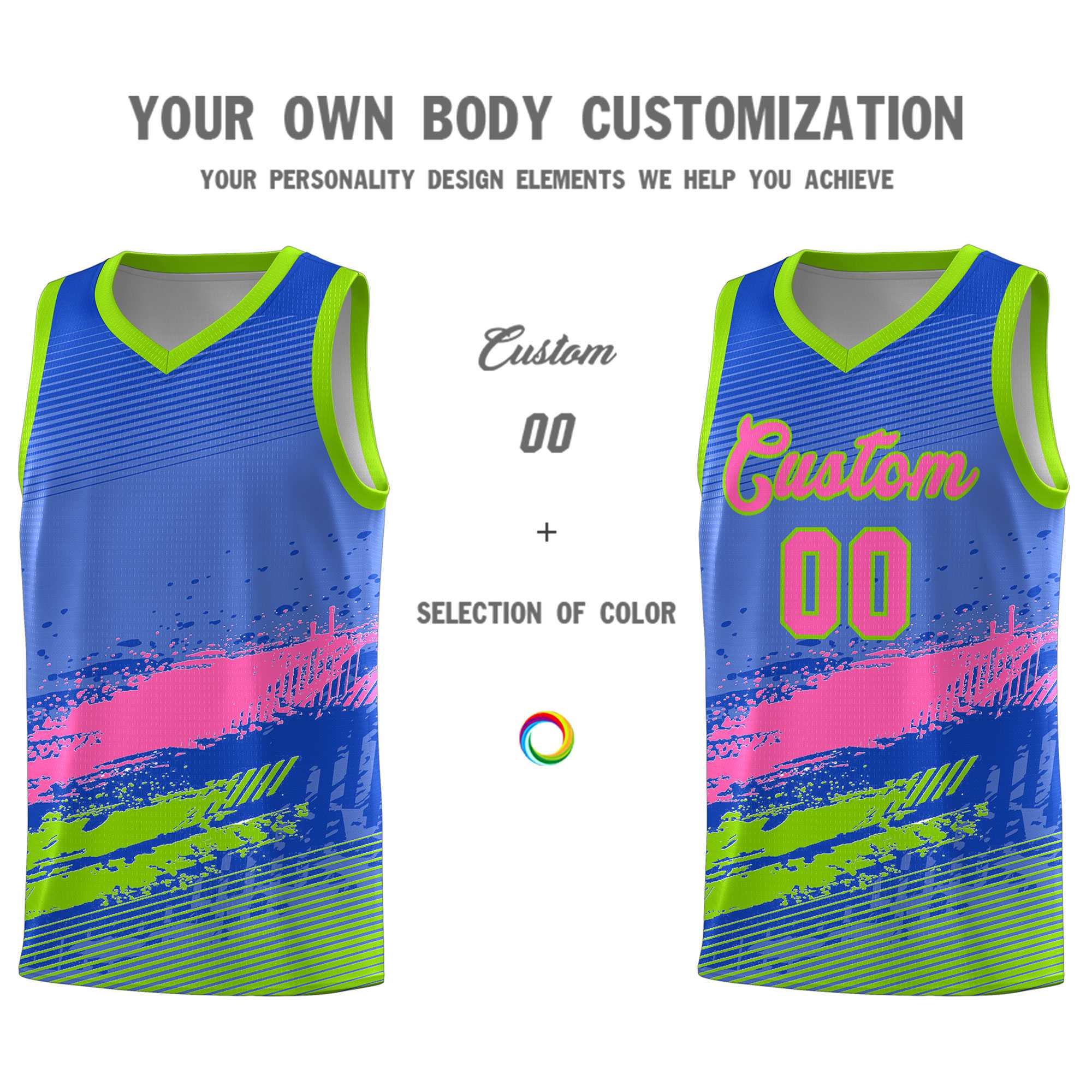 Custom Royal Pink and Neon Green Graffiti Pattern Sports Uniform Basketball Jersey