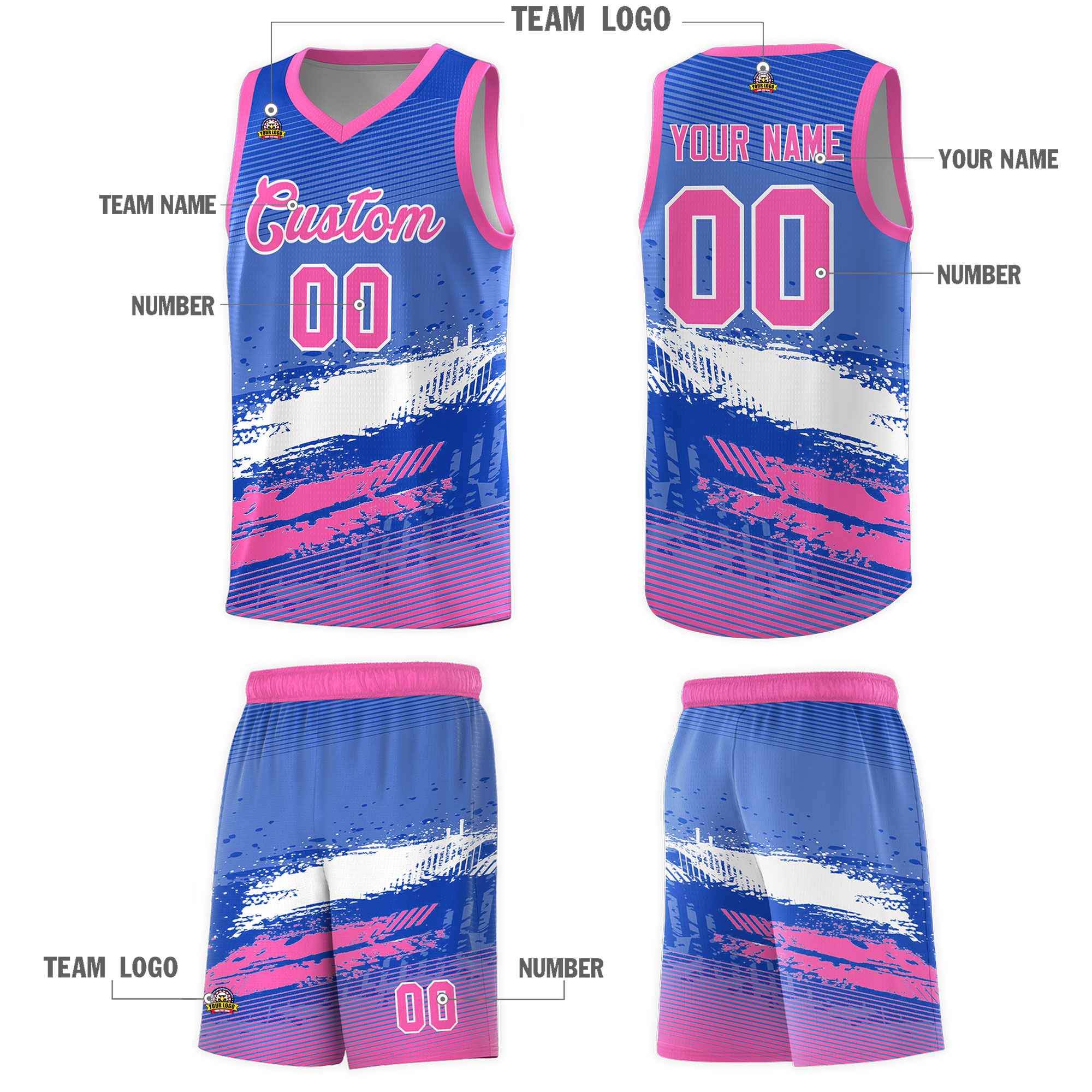 Custom Royal White and Pink Graffiti Pattern Sports Uniform Basketball Jersey