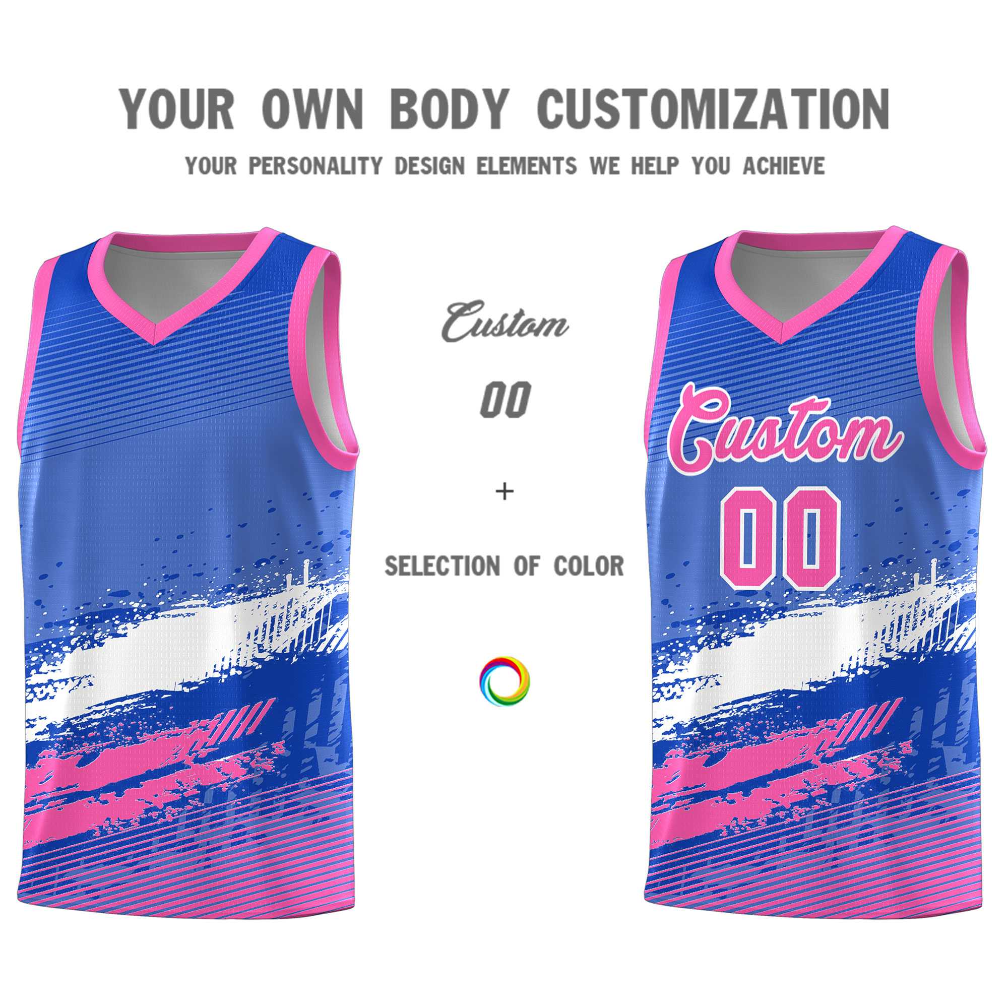 Custom Royal White and Pink Graffiti Pattern Sports Uniform Basketball Jersey