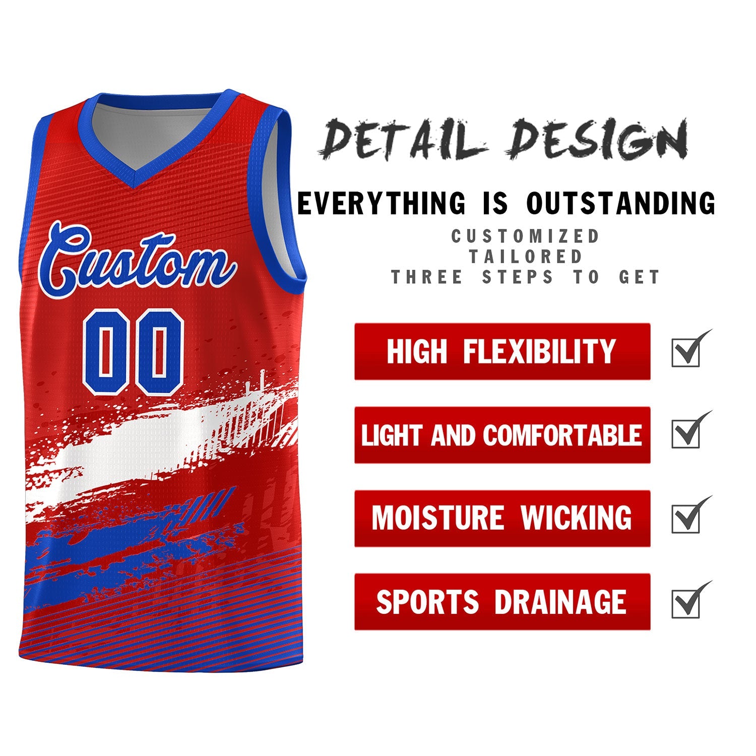 Custom Red White and Royal Graffiti Pattern Sports Uniform Basketball Jersey