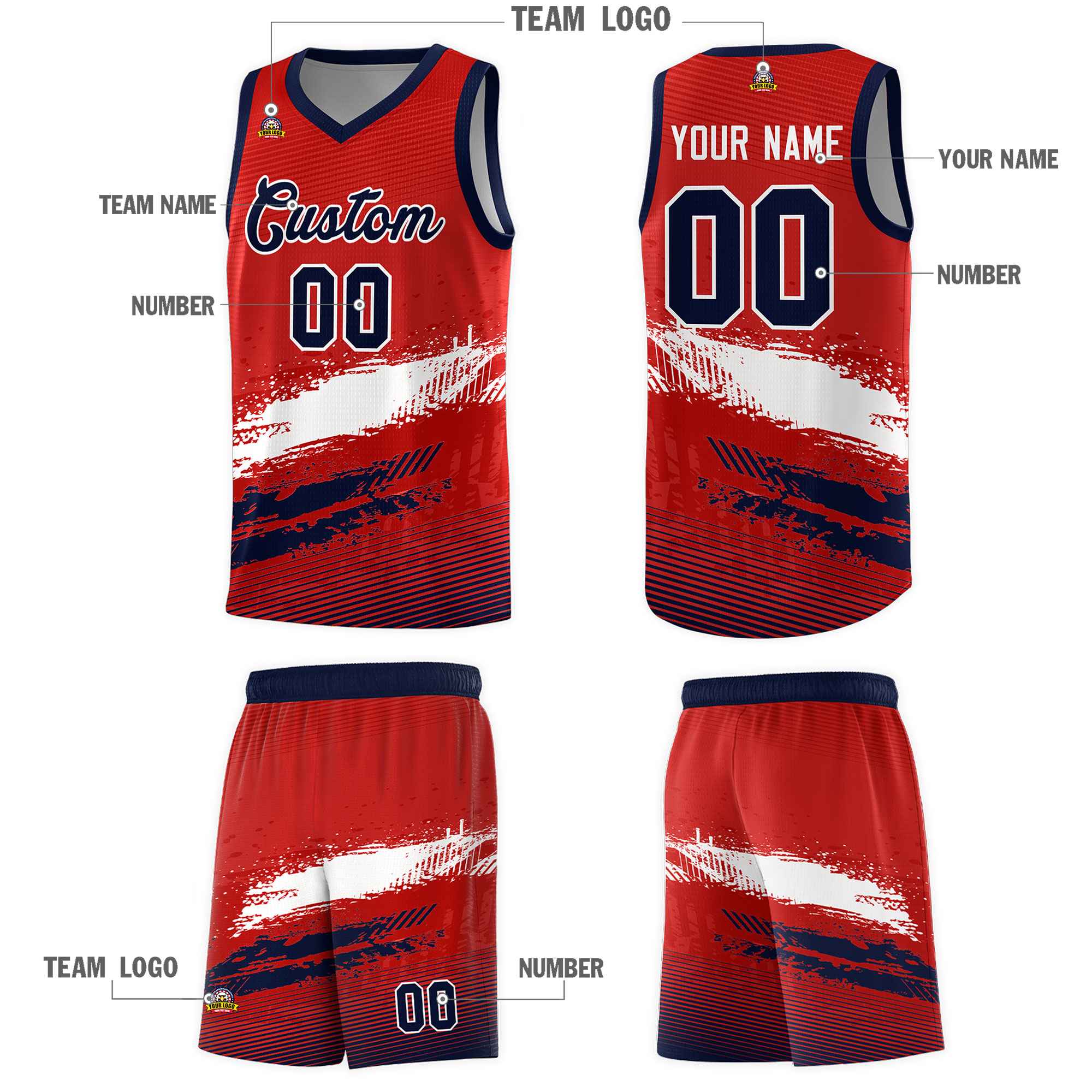 Custom Red White and Navy Graffiti Pattern Sports Uniform Basketball Jersey