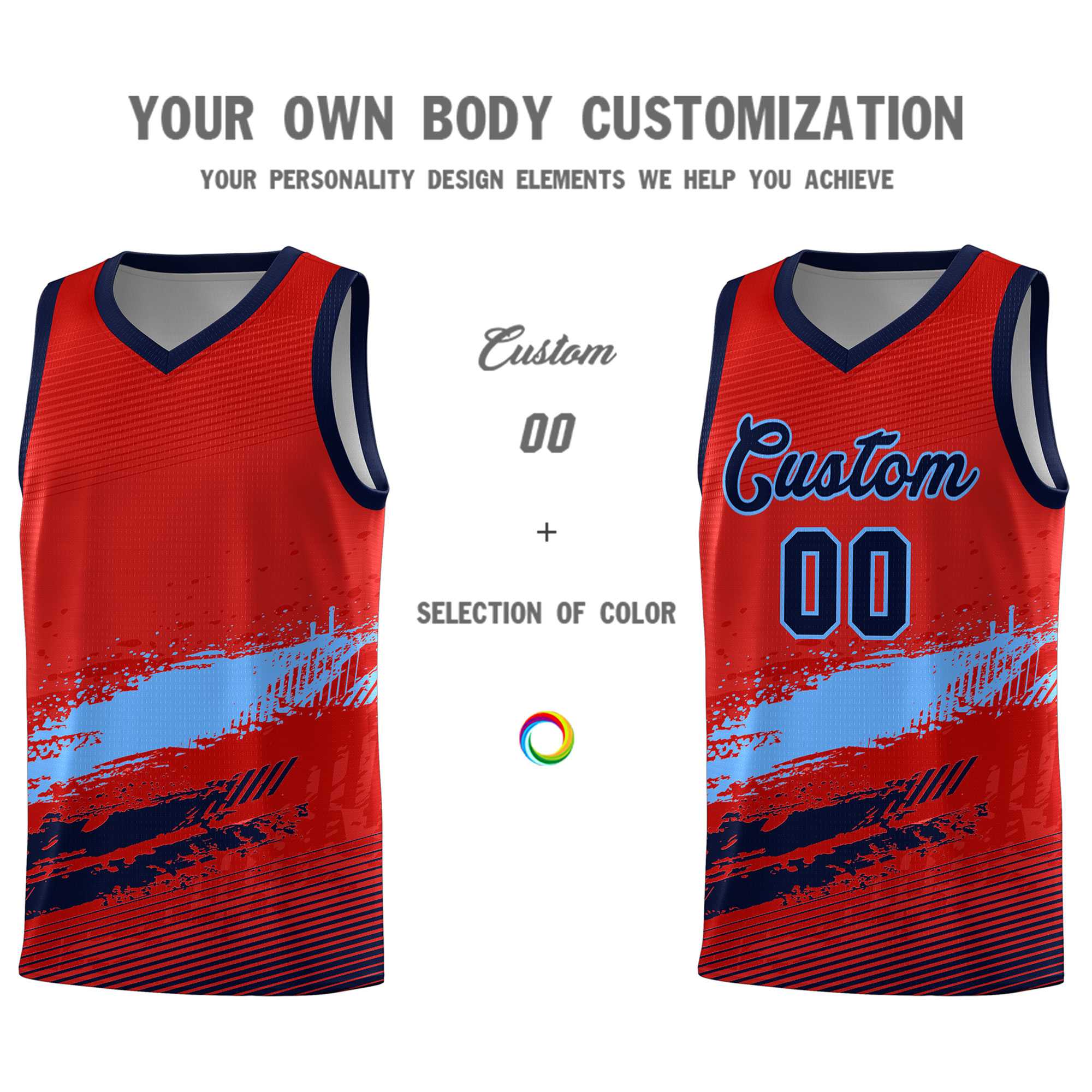 Custom Red Powder Blue and Navy Graffiti Pattern Sports Uniform Basketball Jersey