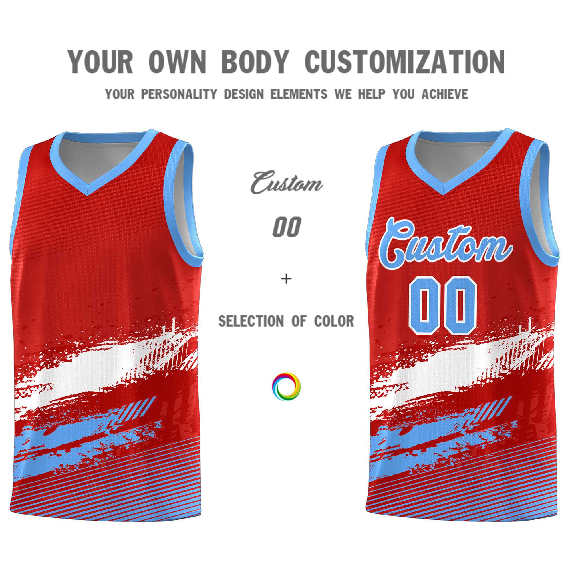 Custom Red White and Powder Blue Graffiti Pattern Sports Uniform Basketball Jersey