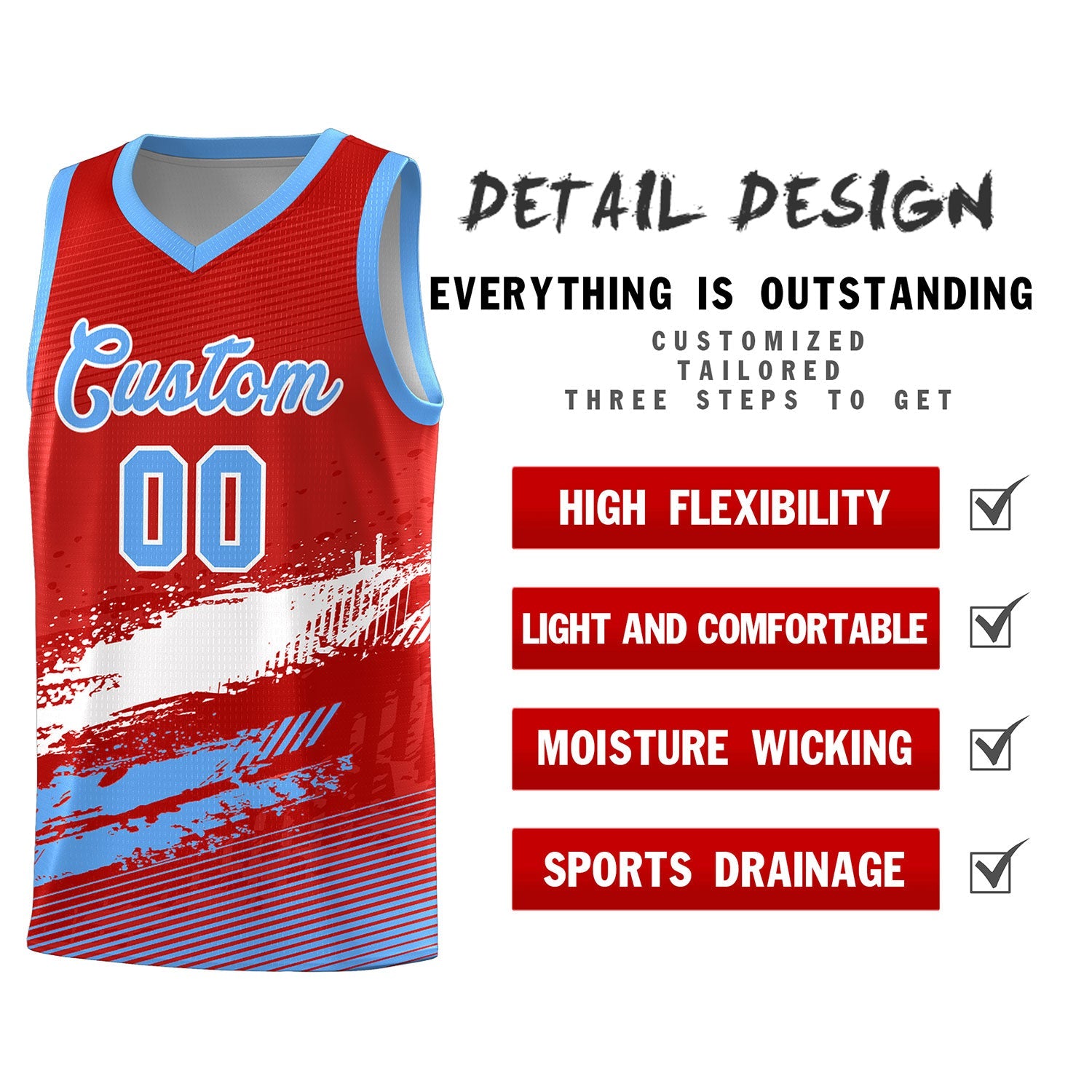 Custom Red White and Powder Blue Graffiti Pattern Sports Uniform Basketball Jersey