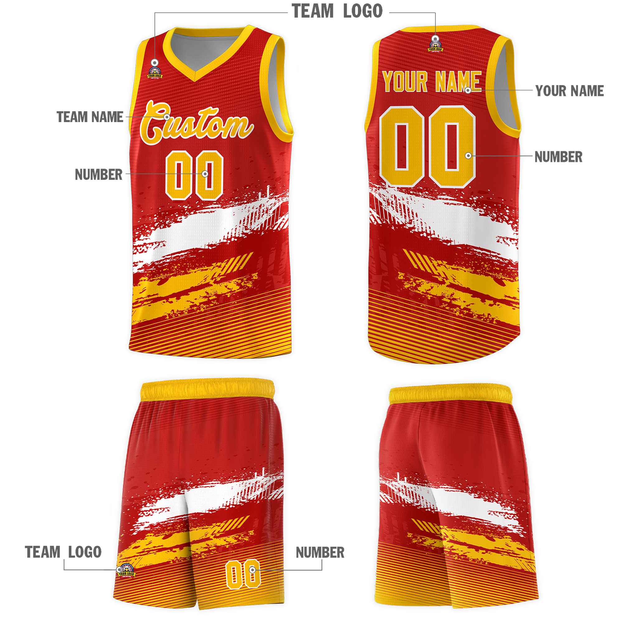 Custom Red White and Yellow Graffiti Pattern Sports Uniform Basketball Jersey