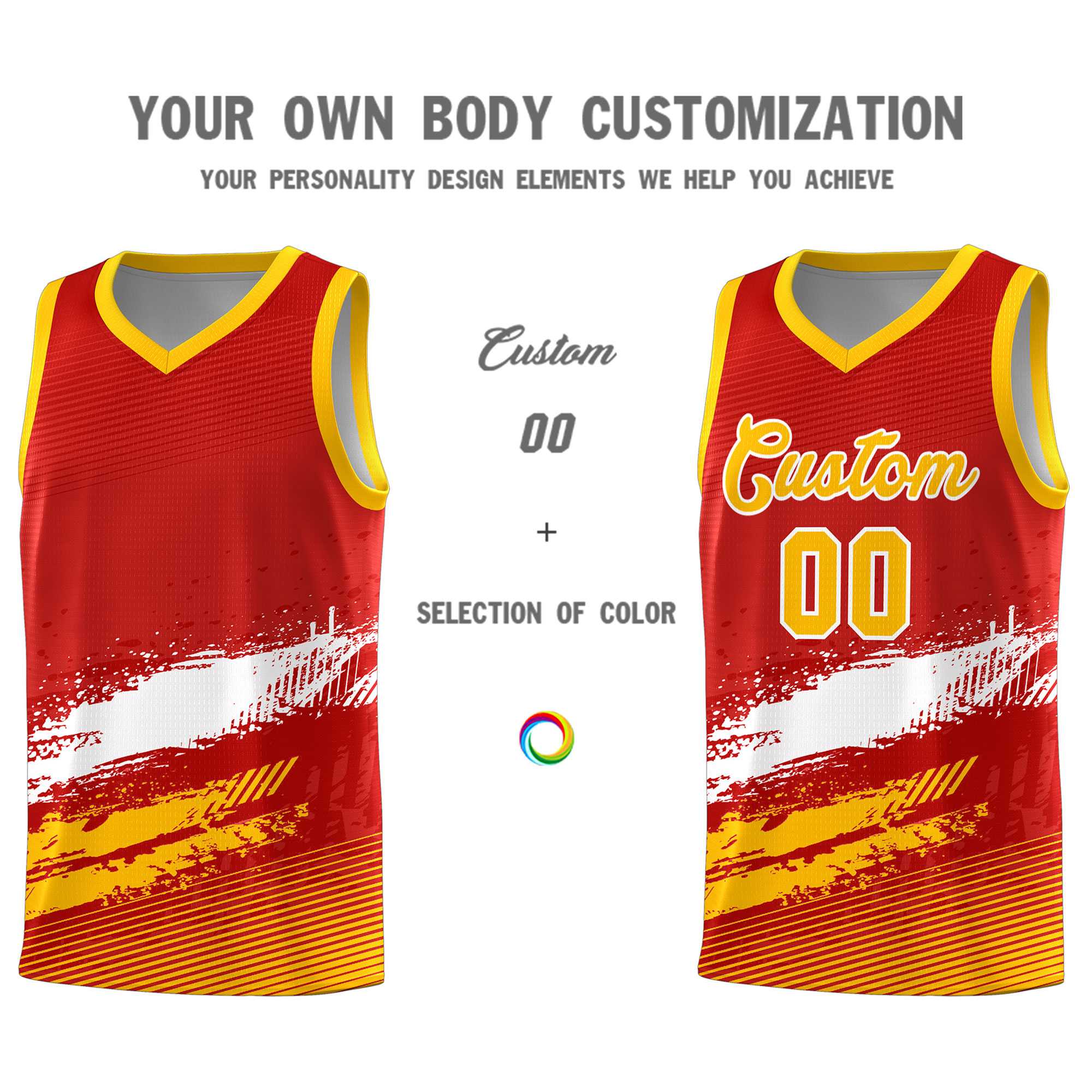 Custom Red White and Yellow Graffiti Pattern Sports Uniform Basketball Jersey