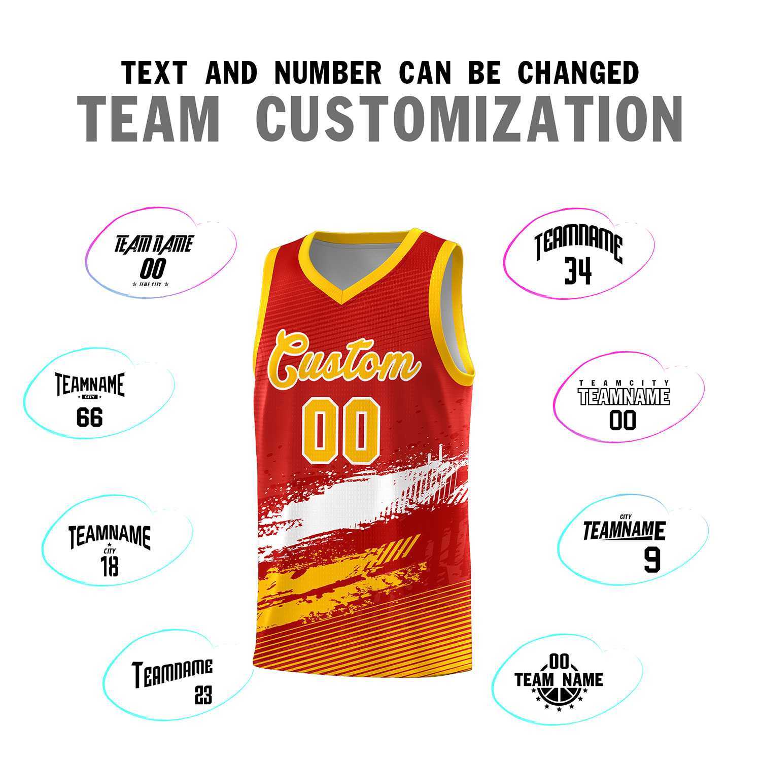 Custom Red White and Yellow Graffiti Pattern Sports Uniform Basketball Jersey