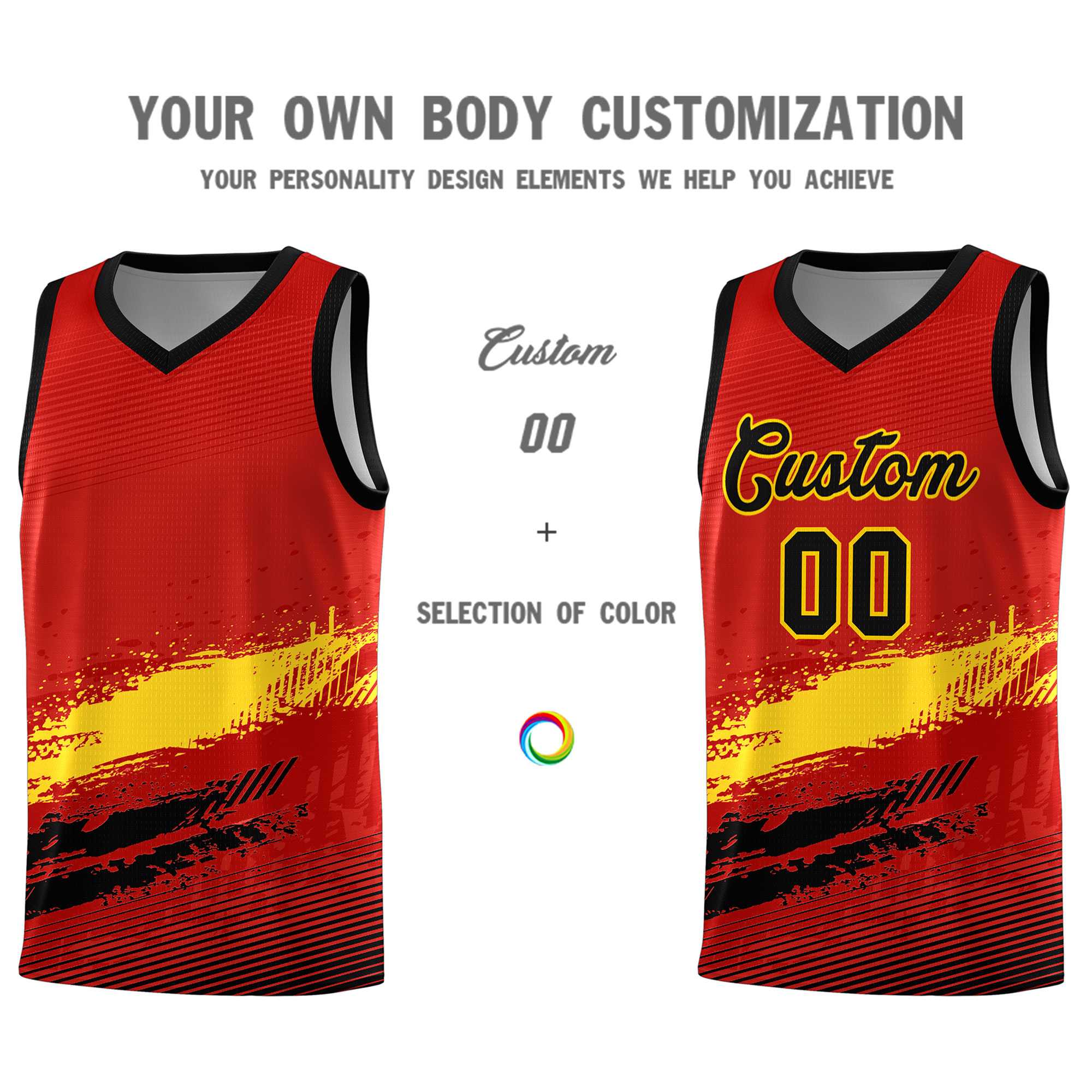 Custom Red Gold and Black Graffiti Pattern Sports Uniform Basketball Jersey