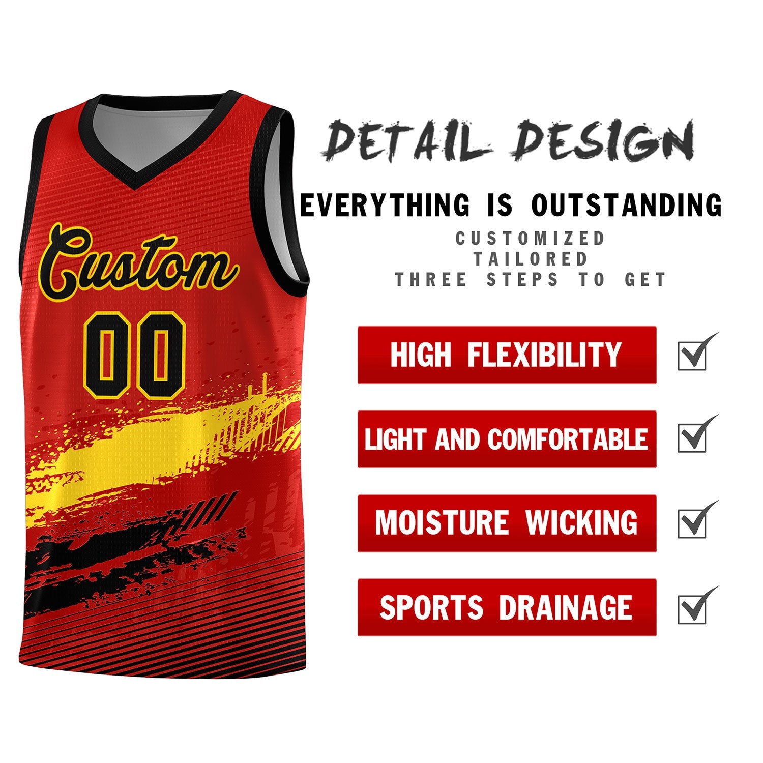 Custom Red Gold and Black Graffiti Pattern Sports Uniform Basketball Jersey